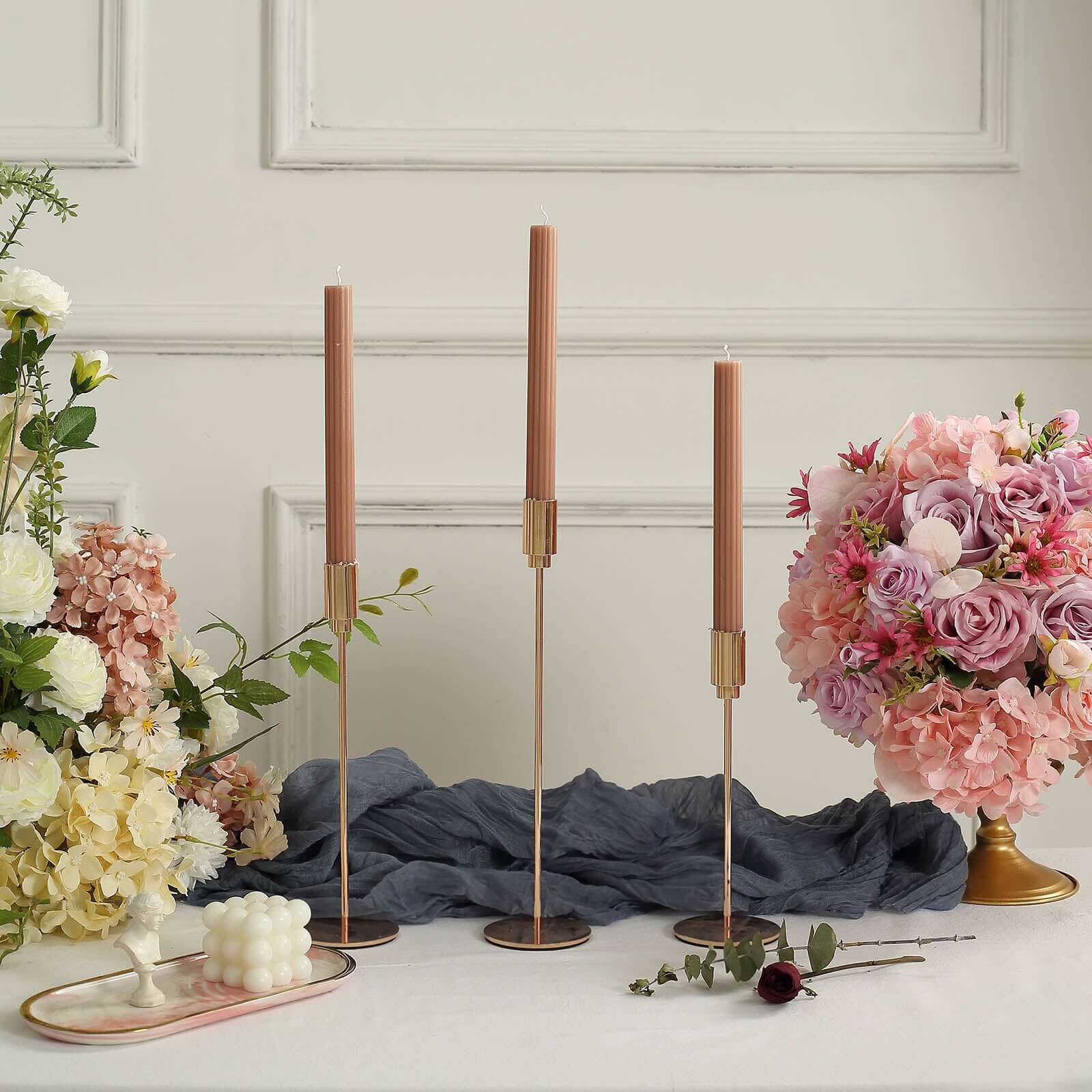 Premium Beige 5-Pack Unscented Ribbed Taper Dinner Candles, 9 Inches