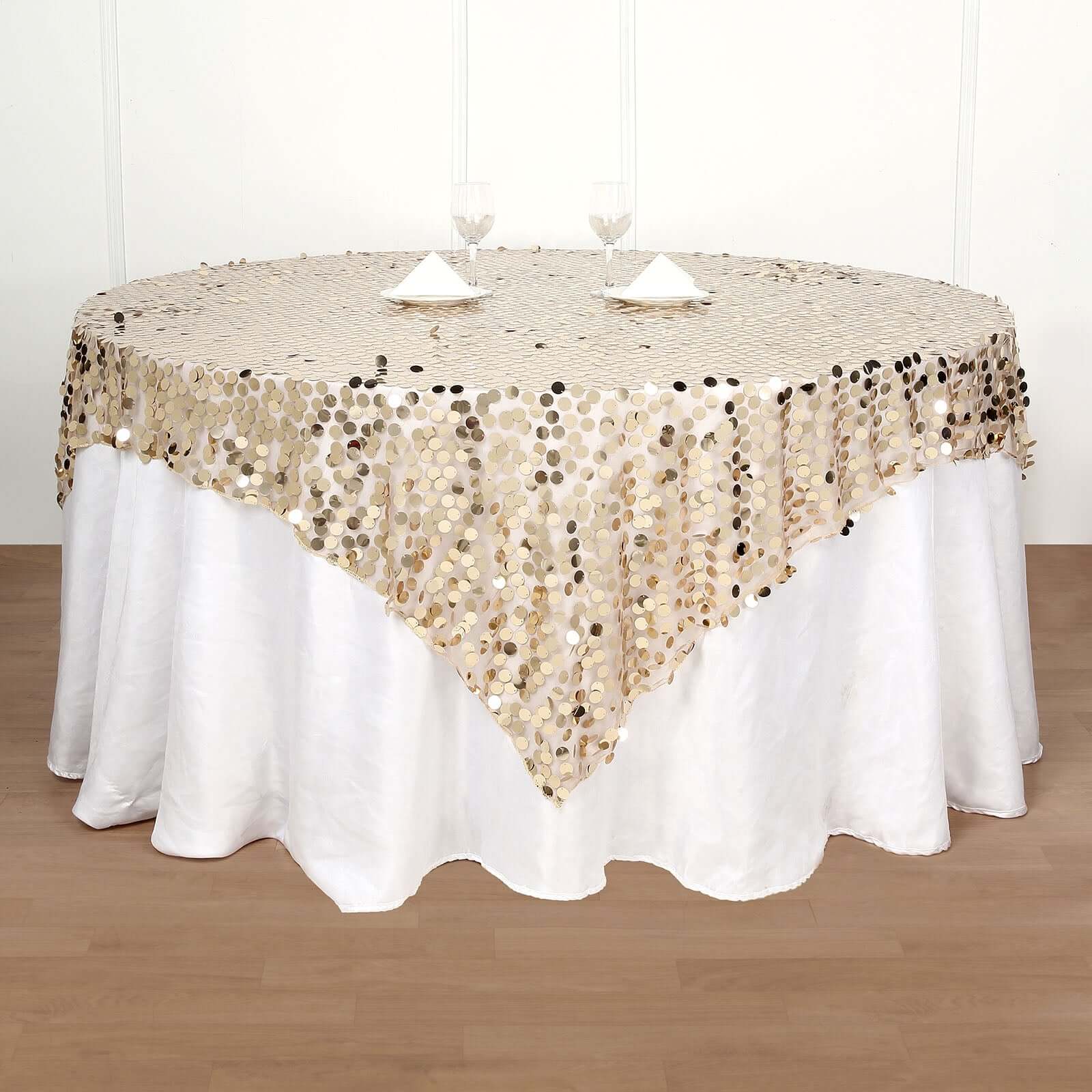 Champagne Sequin 72x72 Square Table Overlay for Big Payette Tables