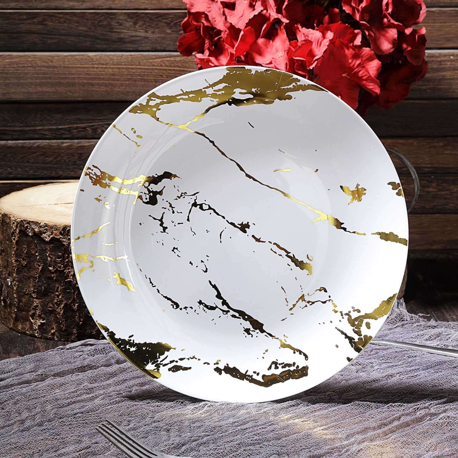10-Piece Set of White Plastic Round Dinner Plates with Gold Marble Print for Elegant Parties