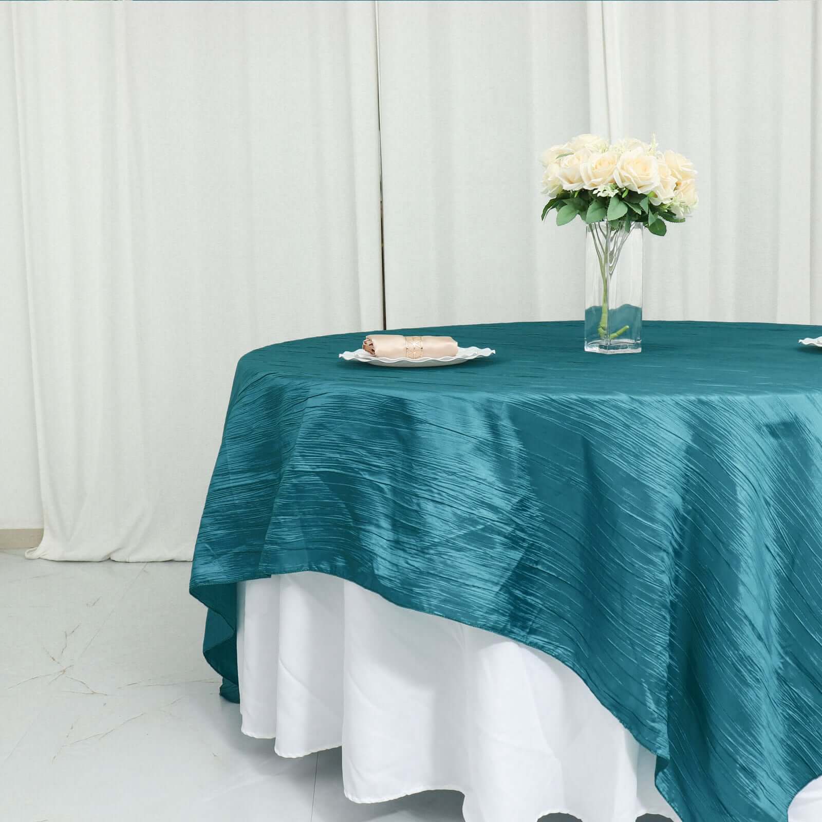 Exclusive Peacock Teal 90x90 Crinkle Taffeta Square Table Overlay