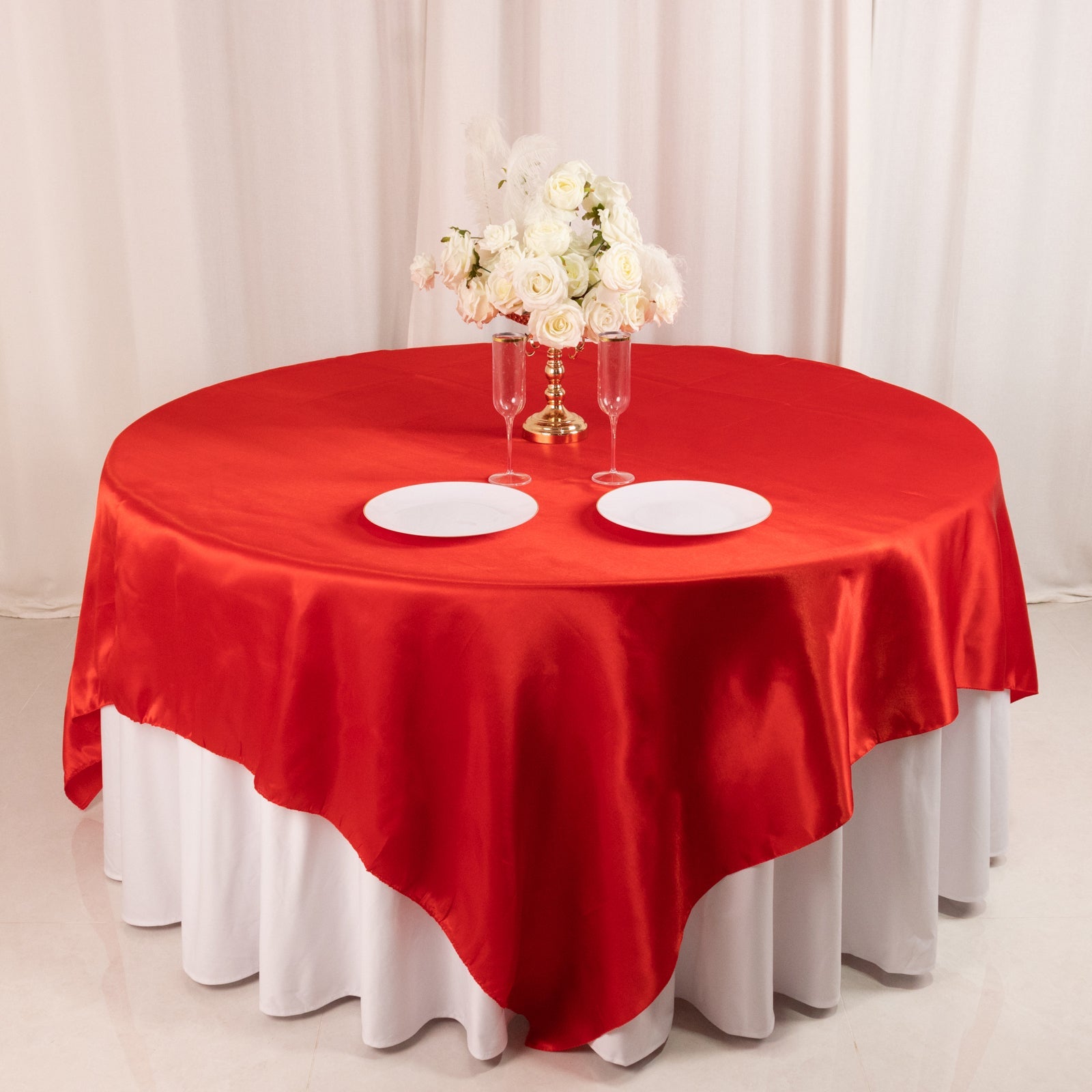 Hot Deal! Red Satin 90x90 Square Table Overlay with Smooth Finish