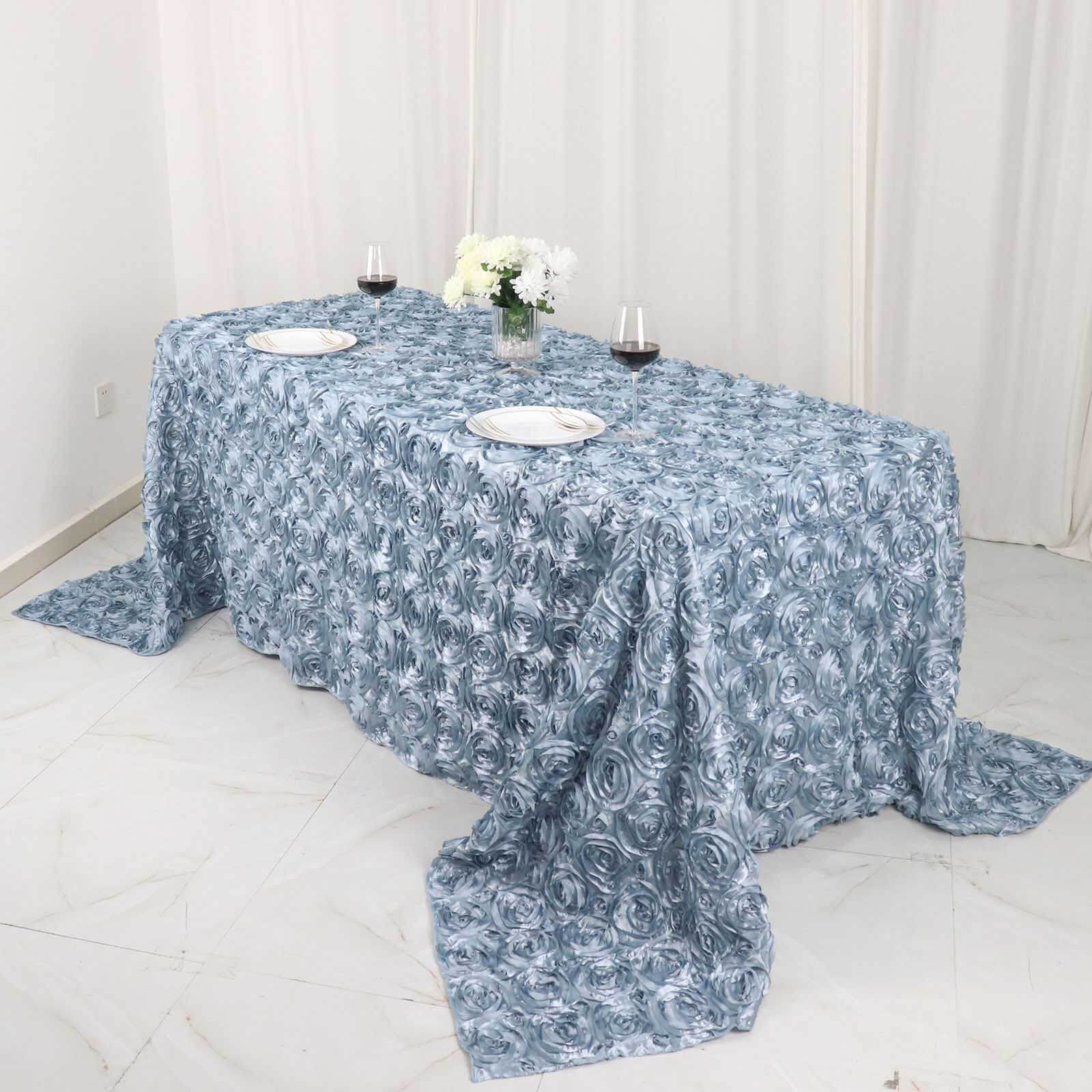 Dusty Blue High - Quality Satin 90x132 Rectangle Tablecloth with 3D Rosette Design