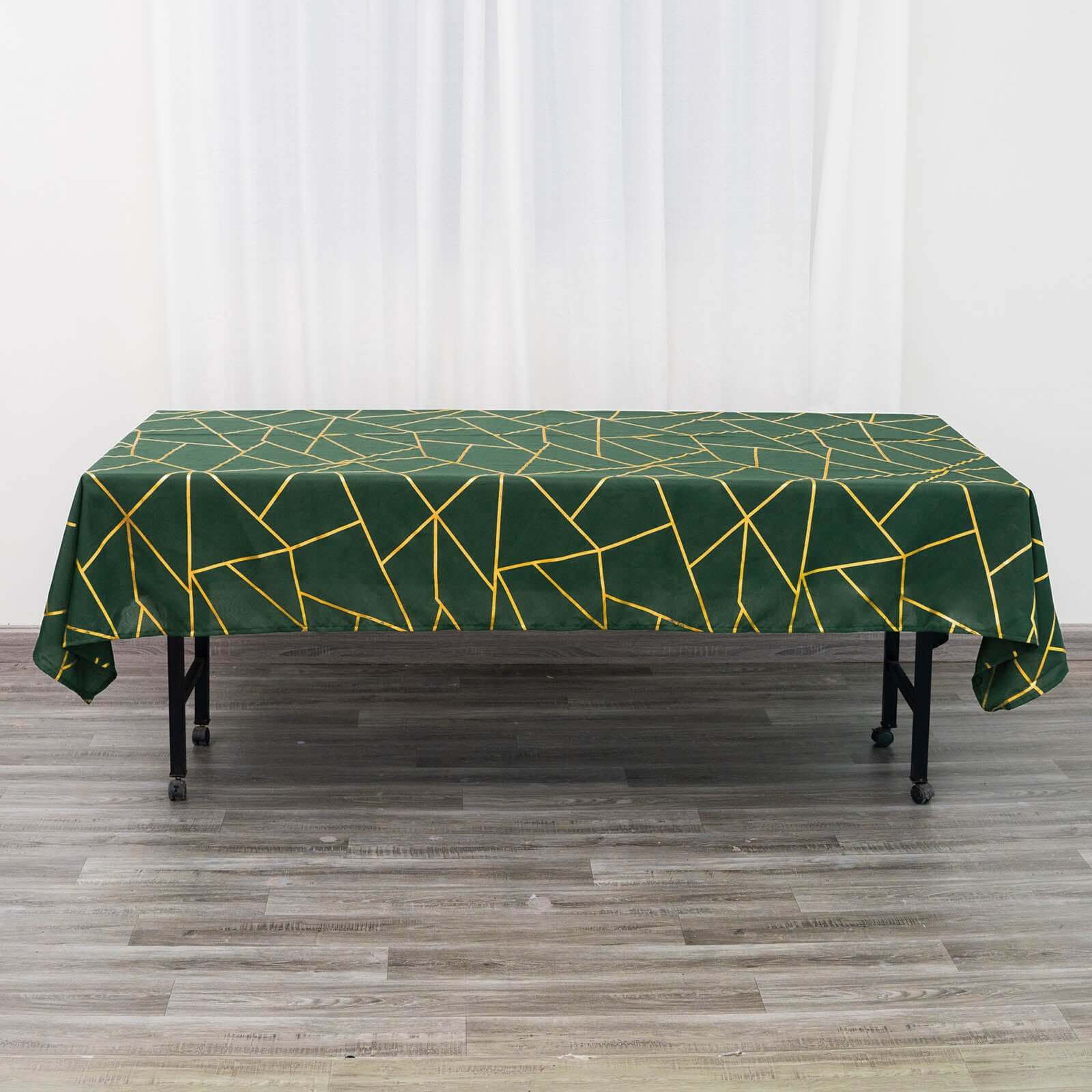 Wrinkle-Resistant & Durable Polyester Tablecloth in Hunter Emerald Green with Gold Foil Geometric Design