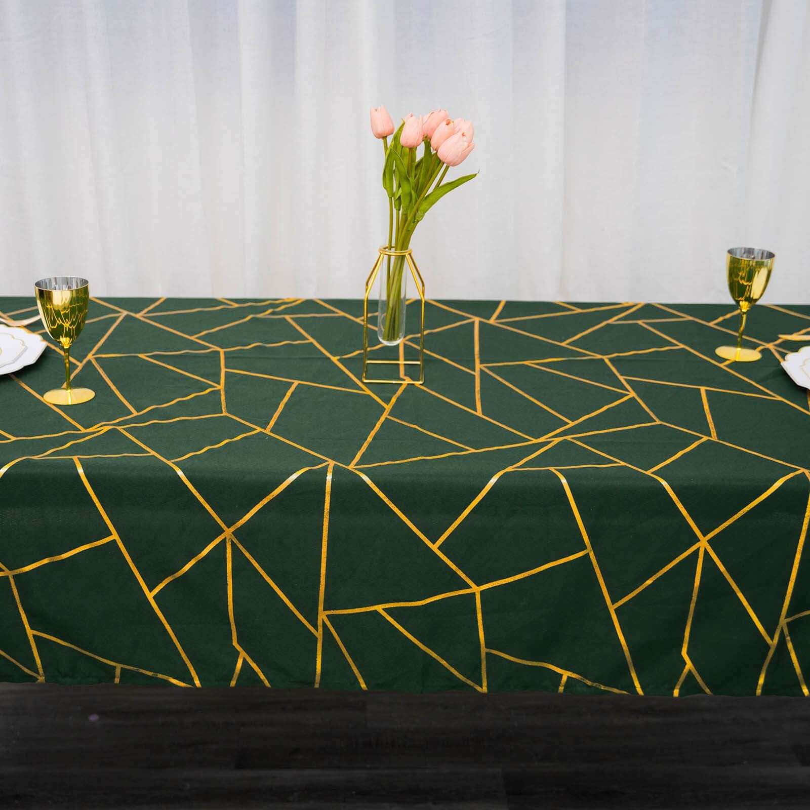 Wrinkle-Resistant & Durable Polyester Tablecloth in Hunter Emerald Green with Gold Foil Geometric Design
