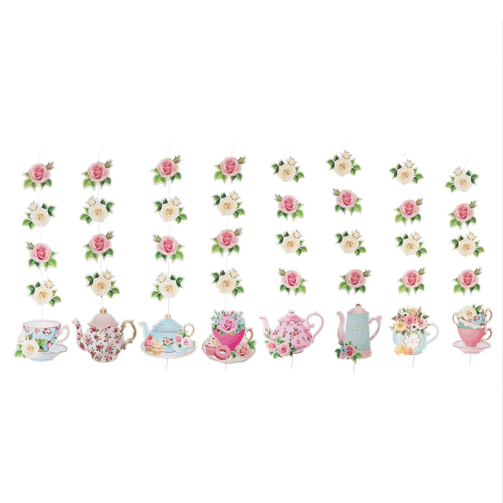 8-Pack Double-Sided Floral Tea Party Paper Garland Set: 40 Pre-Assembled Mixed Teapot Decorations