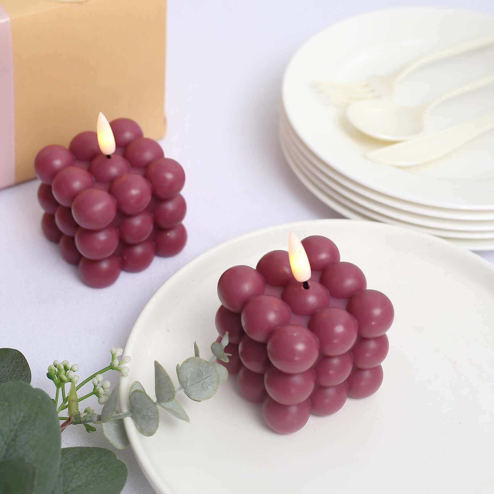 2-Pack Battery-Operated Burgundy LED Flameless Cube Candles with Flickering Warm White Light
