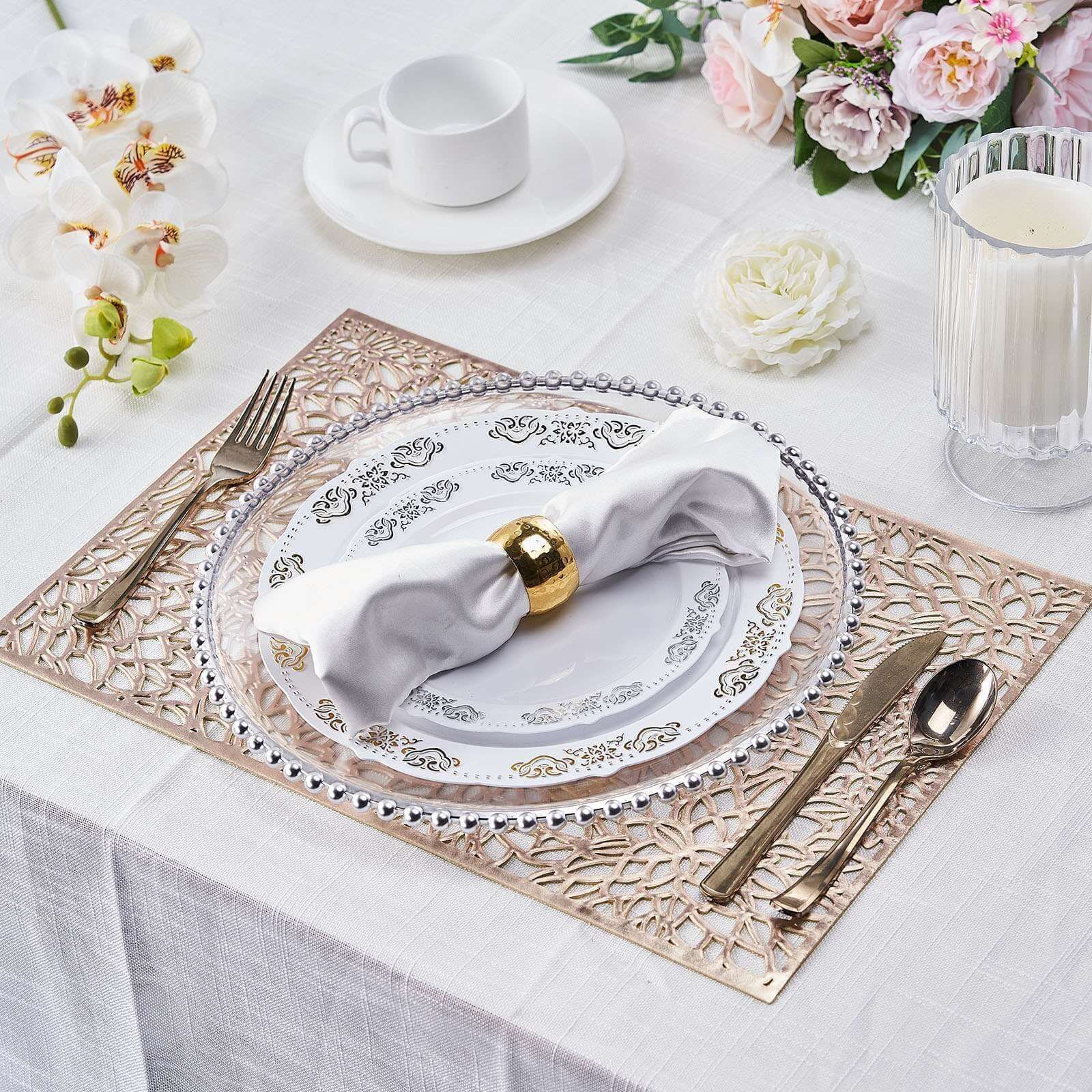 6-Pack Gold Metallic Floral Vinyl Placemats - Non-Slip 12x18 Rectangle Table Mats