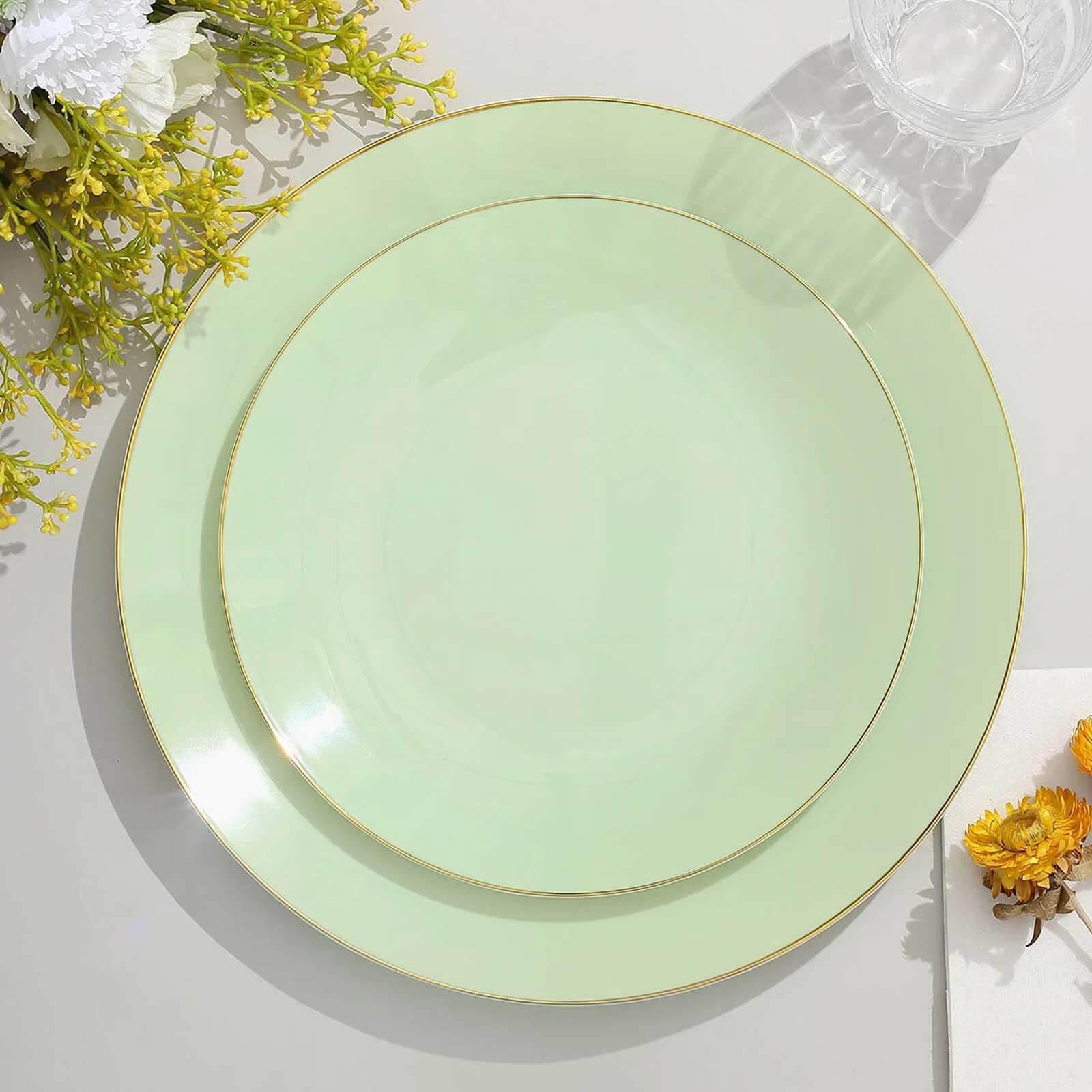 Hot Deal! 10-Pack 8" Sage Green Plastic Dessert Plates with Gold Rim - Disposable & Sturdy