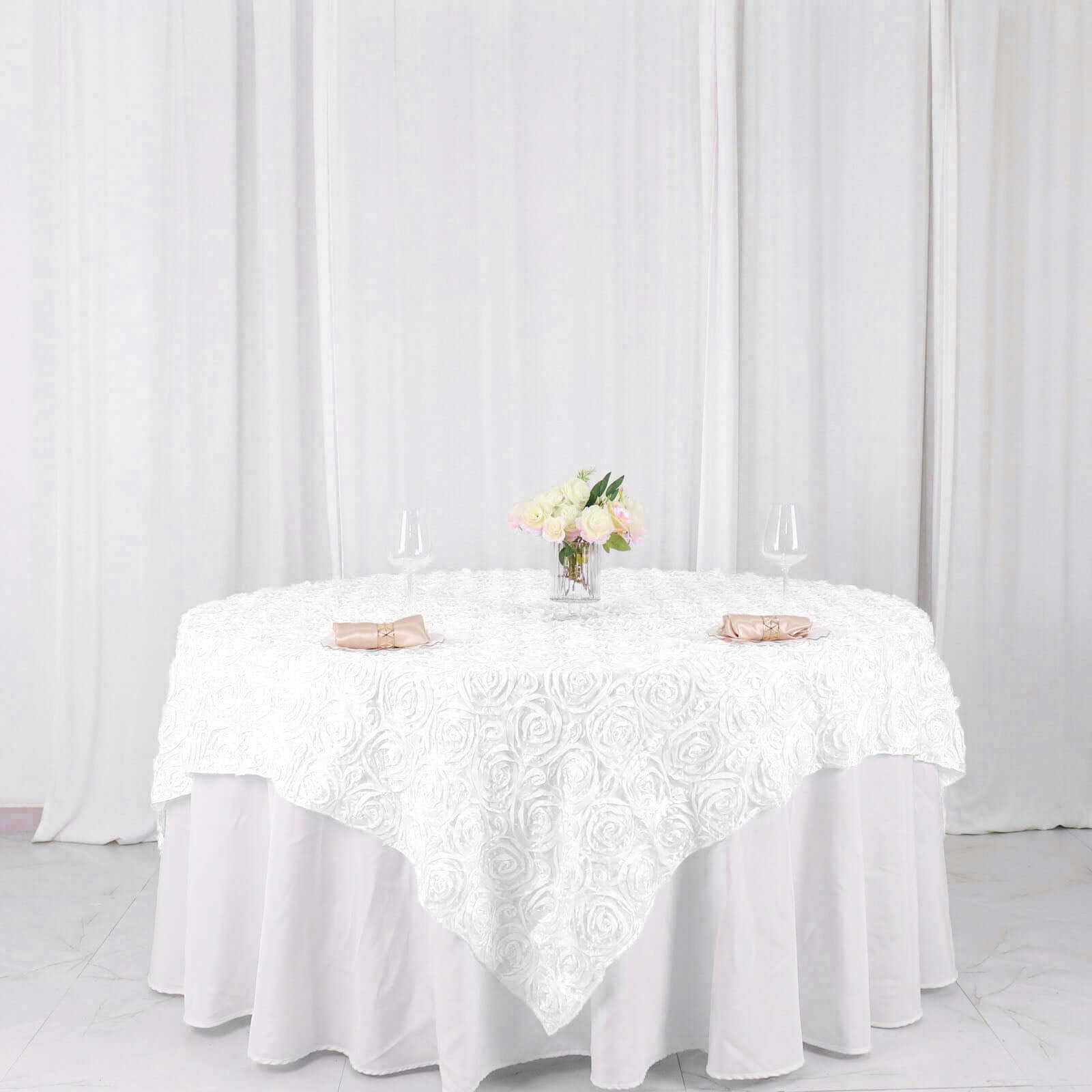 Stylish White Satin 72x72 Square Table Overlay with 3D Rosette Design for Special Occasions