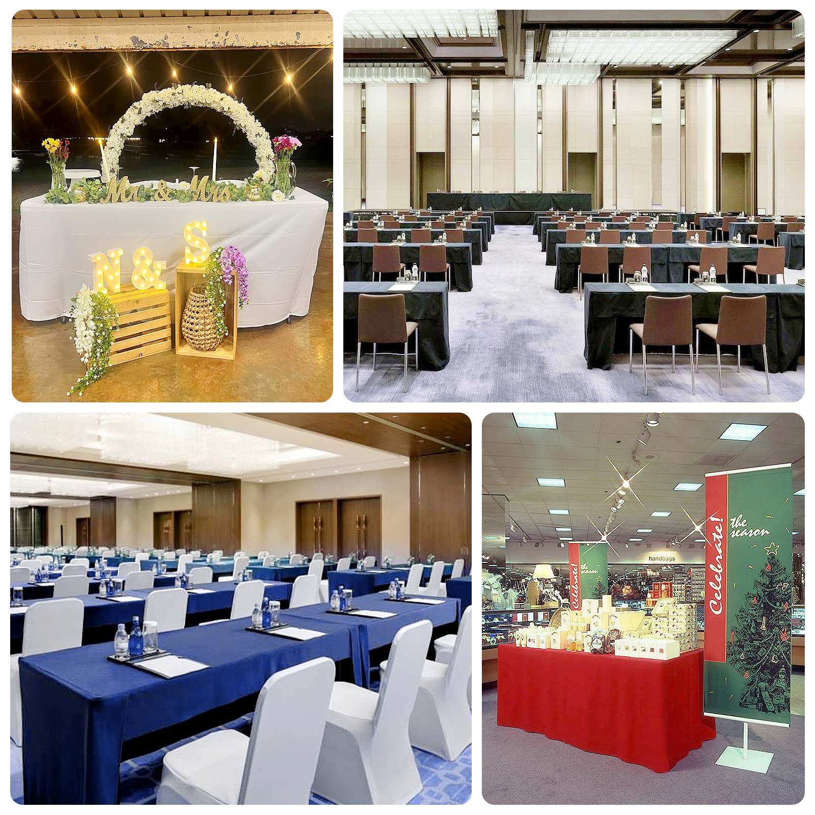 Wrinkle-Resistant White Fitted Polyester Tablecloth for 8ft Rectangles - Open Back Design