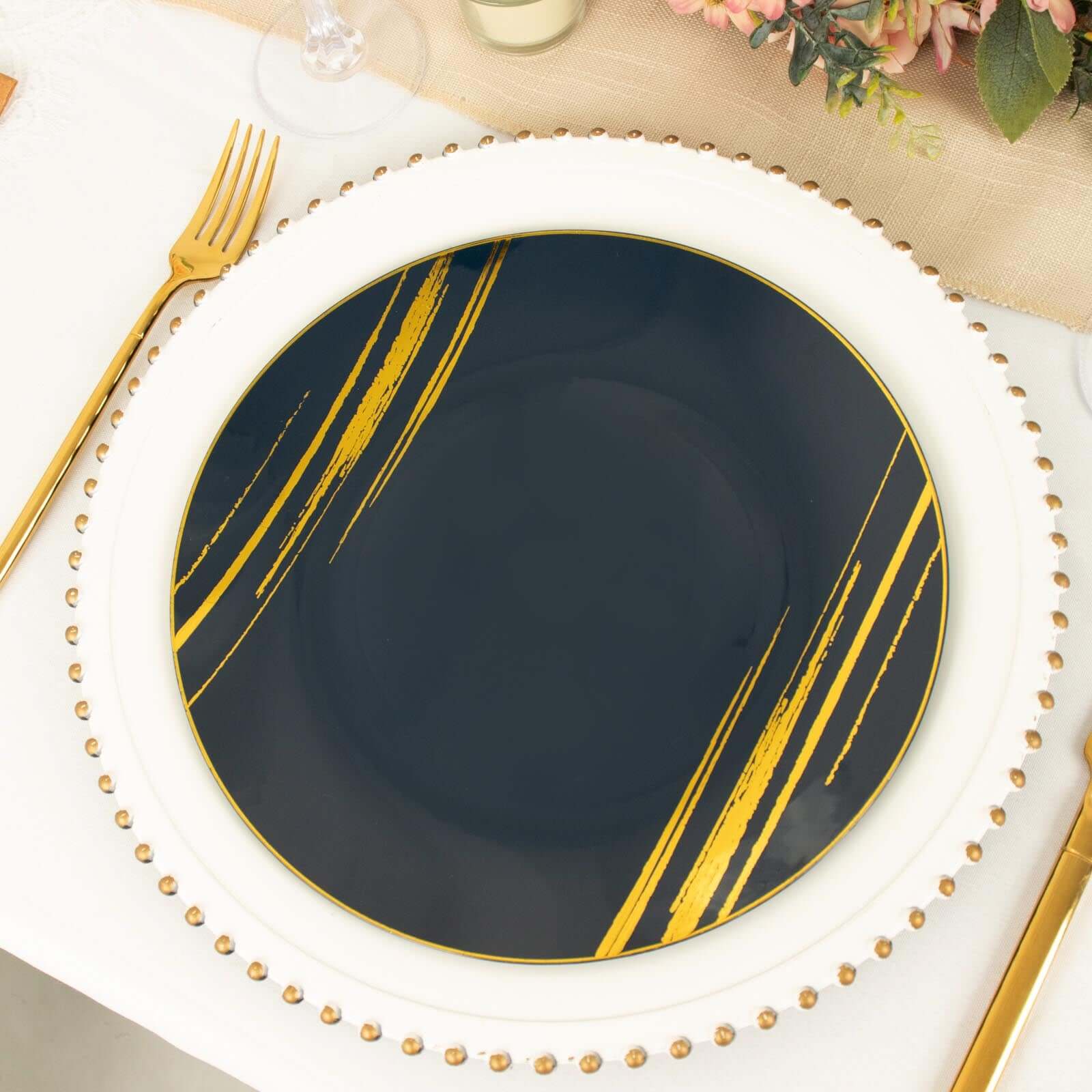 10-Piece Set of Disposable Navy Blue Plastic Round Dinner Plates with Gold Brush Print