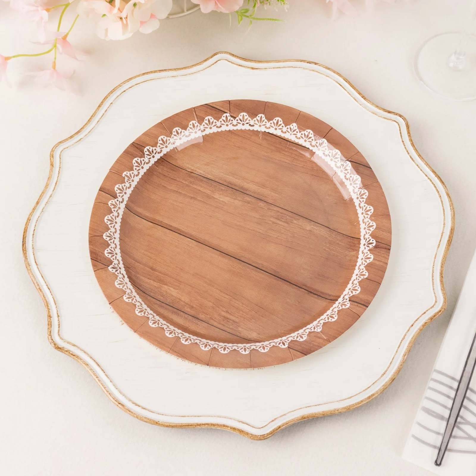 25-Piece Set of 9-Inch Round Disposable Dinner Plates in Brown Wood Grain with White Lace Rim for Rustic Events