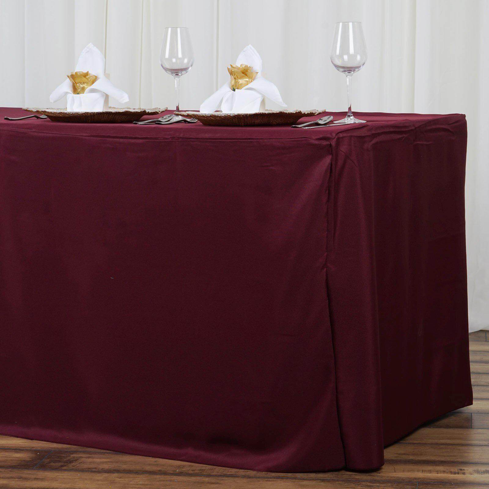 Durable Burgundy Fitted Polyester Rectangle Tablecloth for 8FT Tables - Easy Maintenance