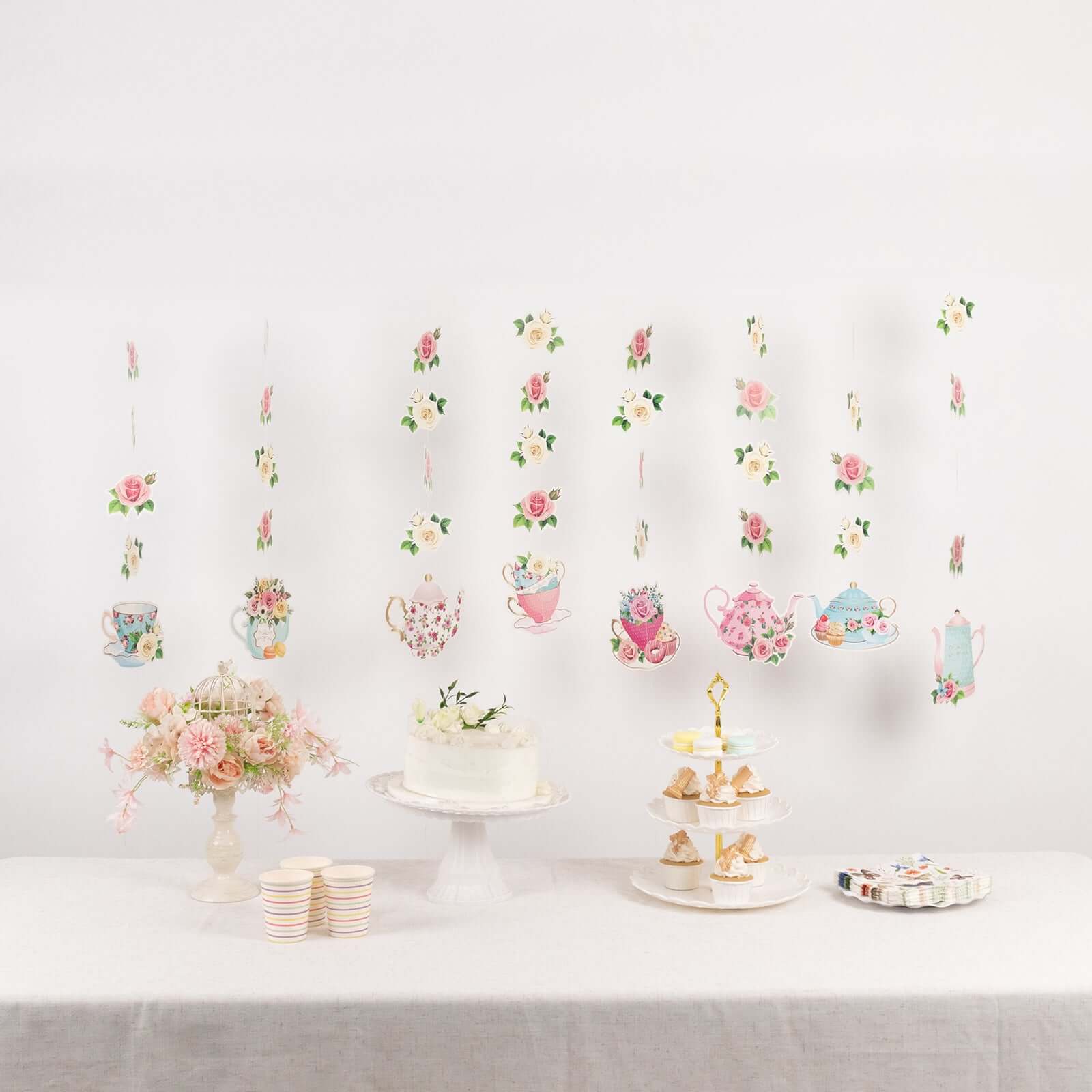 8-Pack Double-Sided Floral Tea Party Paper Garland Set: 40 Pre-Assembled Mixed Teapot Decorations