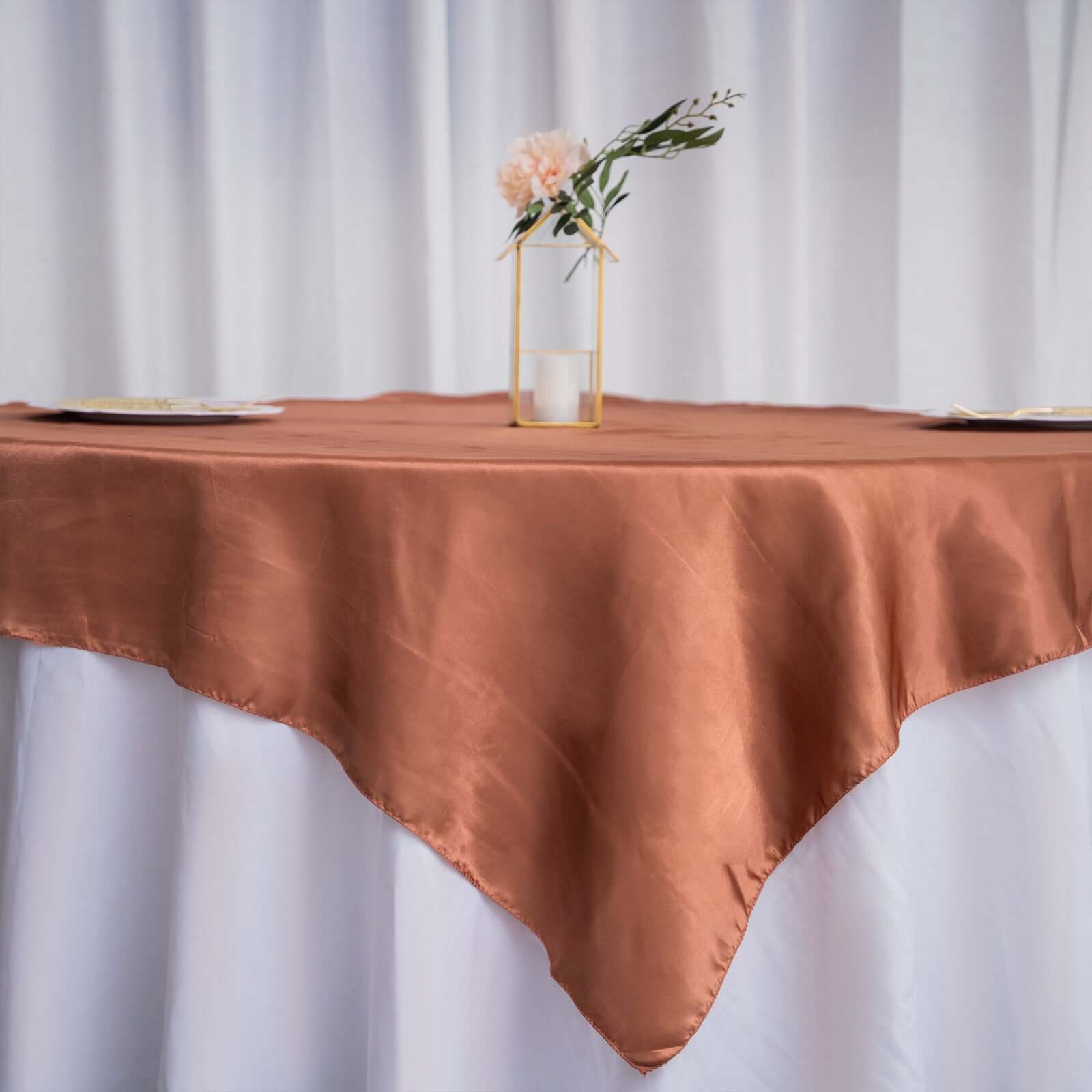 Hot Sale! 60x60 Satin Square Table Overlay in Terracotta (Rust) with Smooth Silky Touch