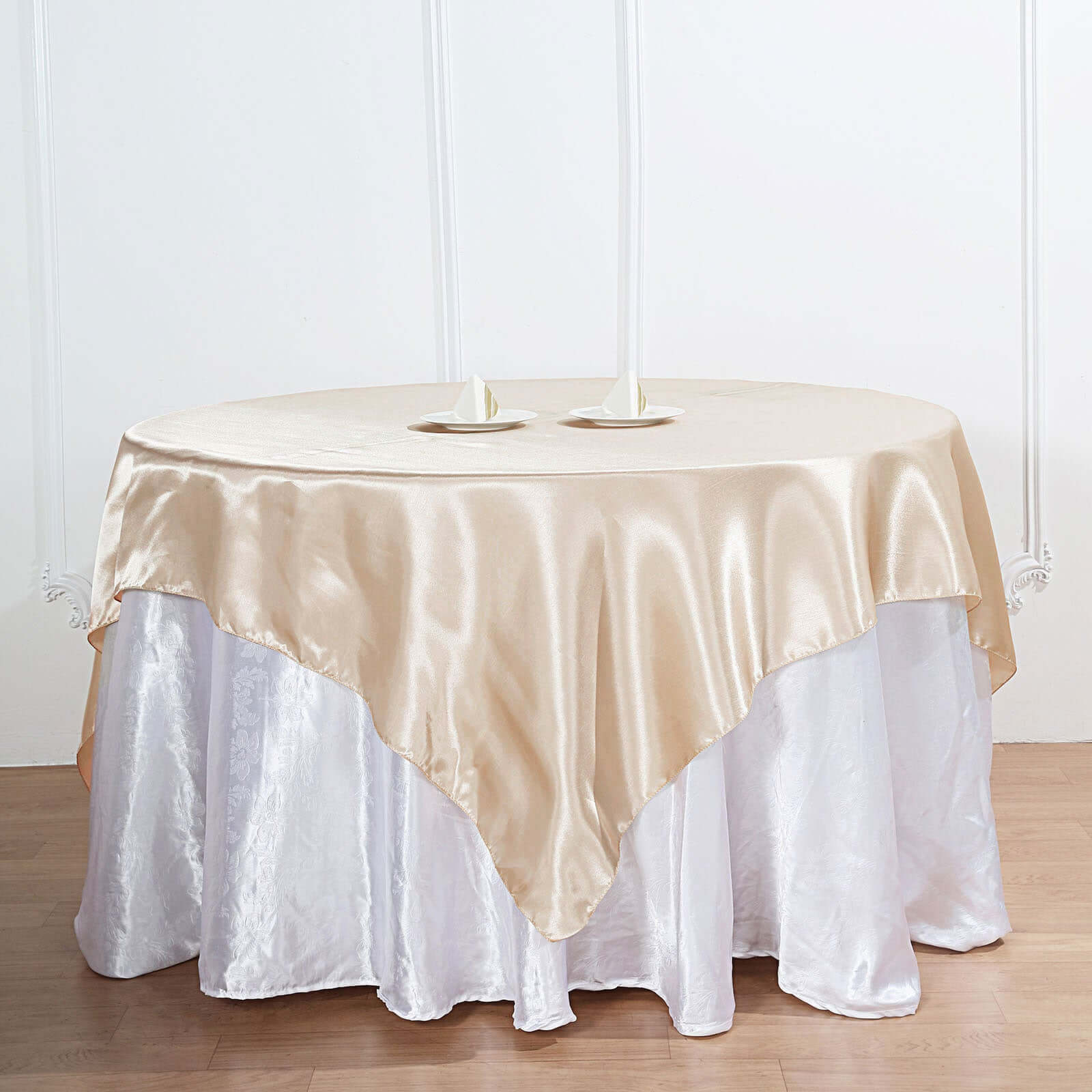 Beige Satin 60x60 Square Table Overlay - Smooth & Silky Table Cover, Great Deal