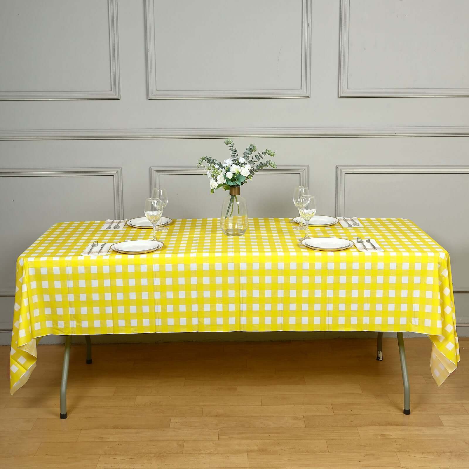 Lightweight PVC Disposable Checkered Plastic Table Cover - White/Yellow Rectangle, 54x108