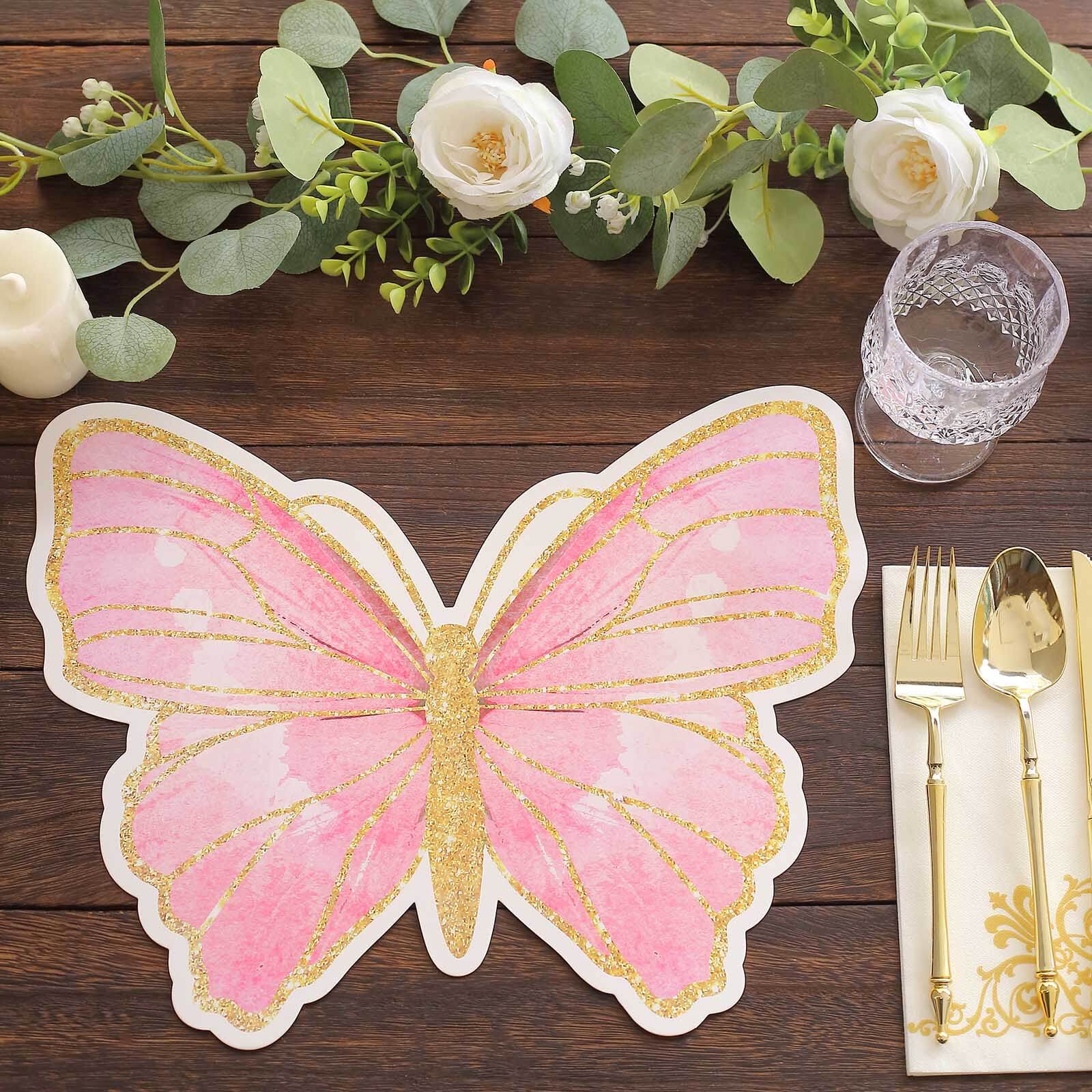 10-Pack Premium Disposable Pink Butterfly Placemats with Gold Glitters for Kids' Parties