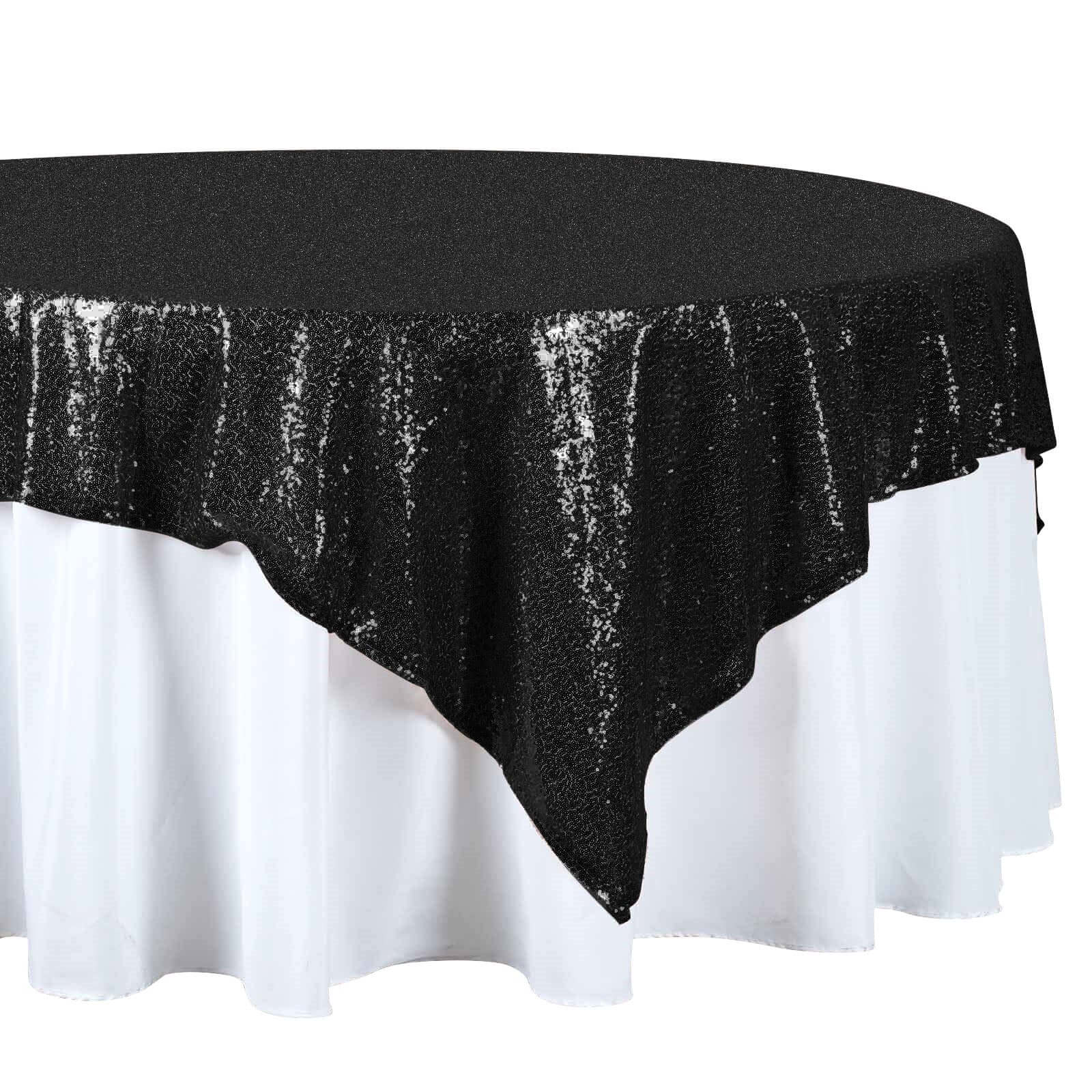 Black 72x72 Square Sequin Table Overlay - Sparkling Design for Stunning Gatherings