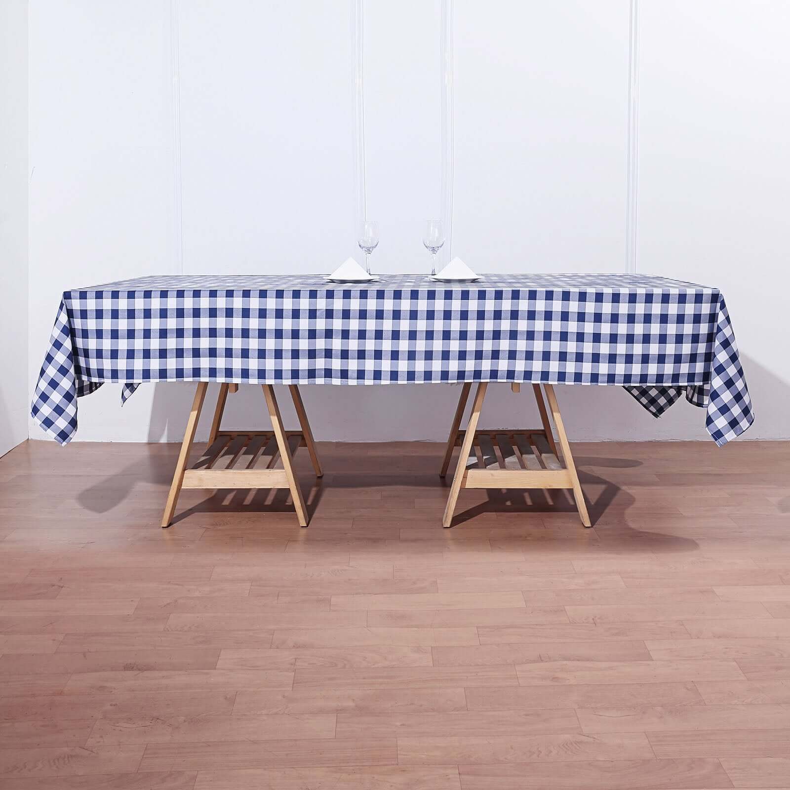 White/Navy Blue Checkered Buffalo Plaid Polyester Tablecloth - 60x102, Ideal for Events