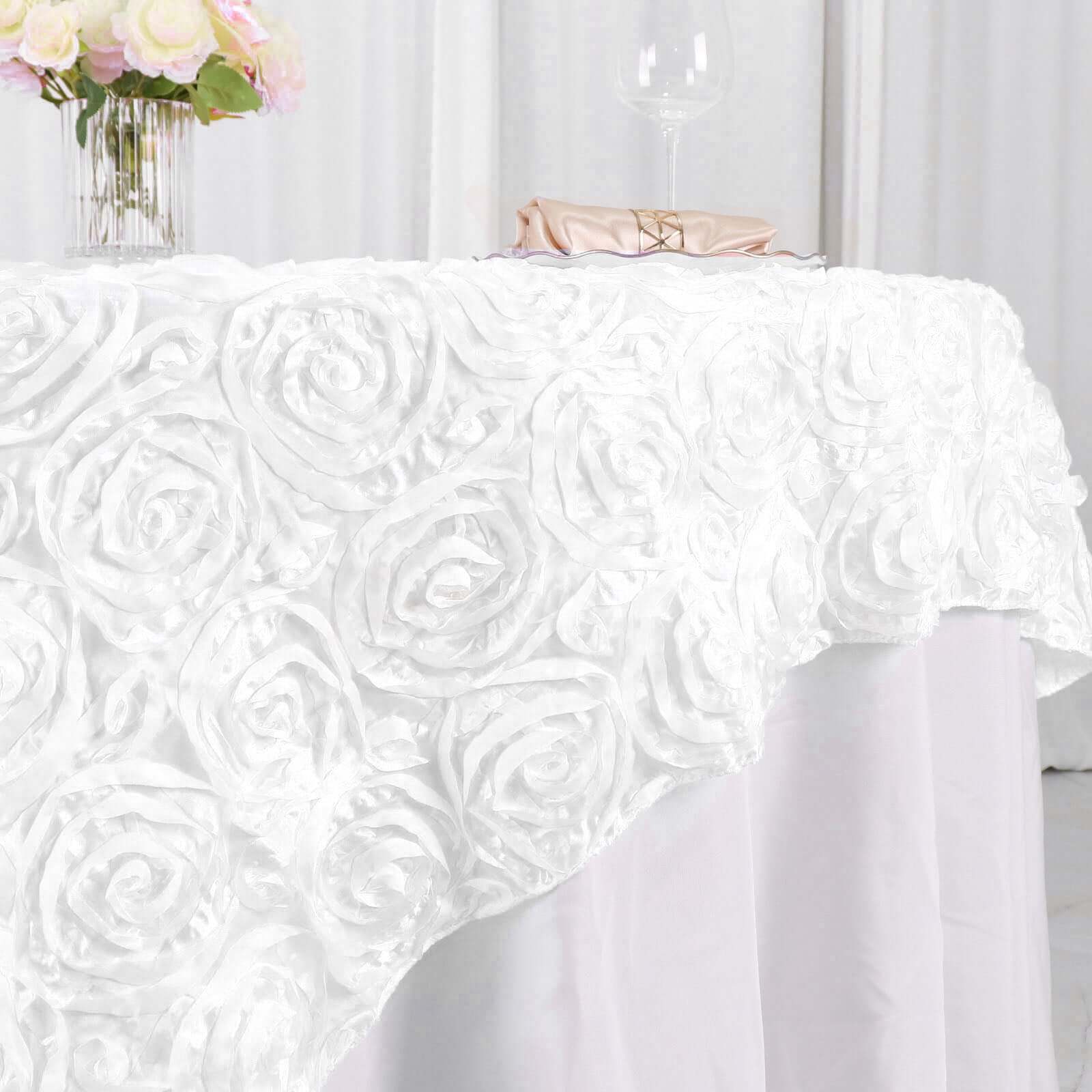 Stylish White Satin 72x72 Square Table Overlay with 3D Rosette Design for Special Occasions
