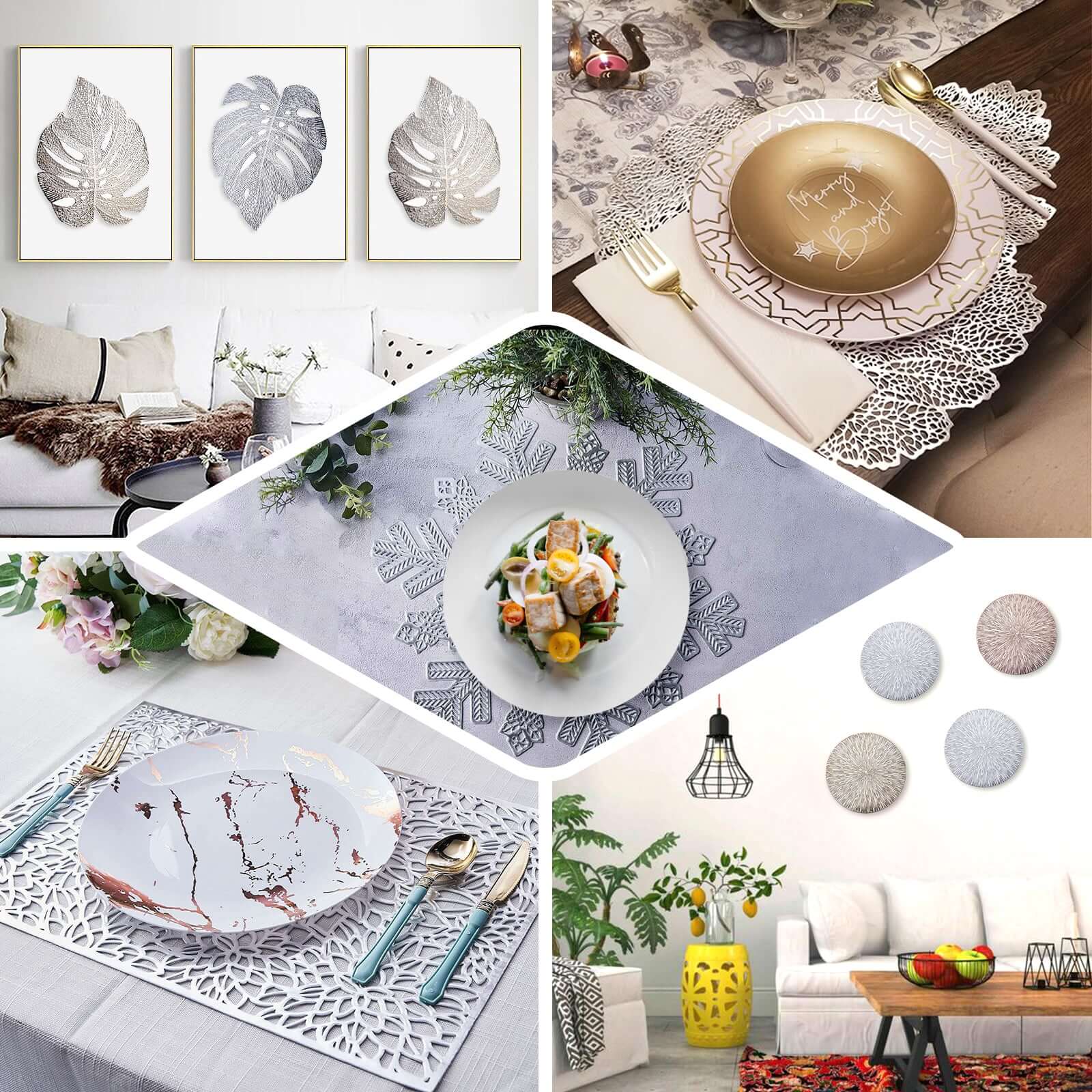 6-Pack Gold Metallic Floral Vinyl Placemats - Non-Slip 12x18 Rectangle Table Mats