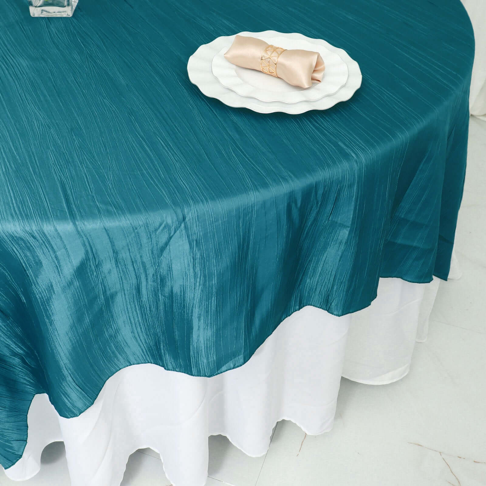 Exclusive Peacock Teal 90x90 Crinkle Taffeta Square Table Overlay