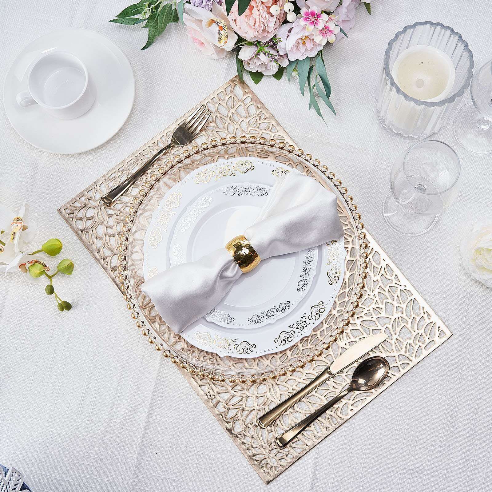 6-Pack Gold Metallic Floral Vinyl Placemats - Non-Slip 12x18 Rectangle Table Mats