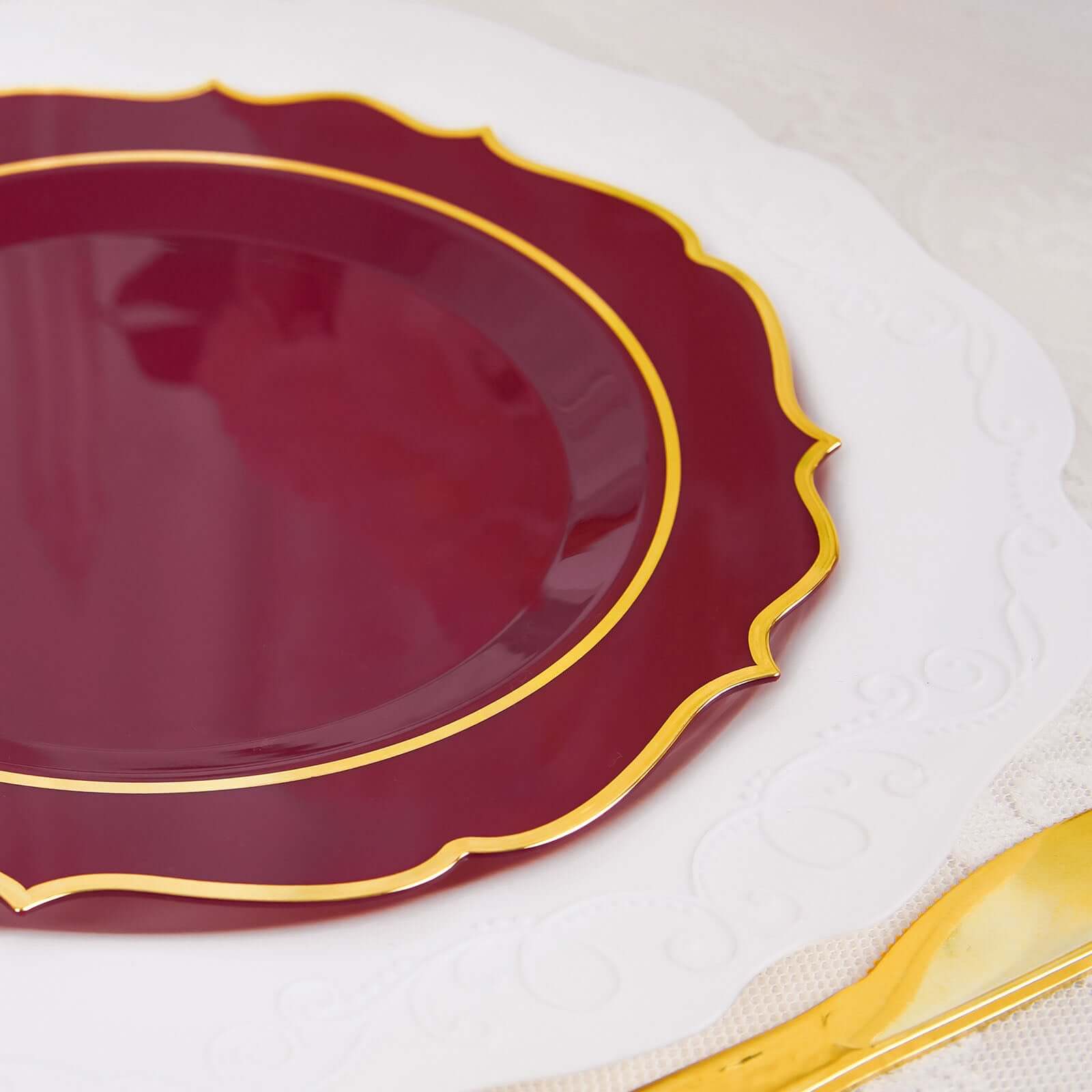 10-Piece Set of Disposable Burgundy Plastic Round Desert Plates with Gold Scalloped Rim, 8-Inch