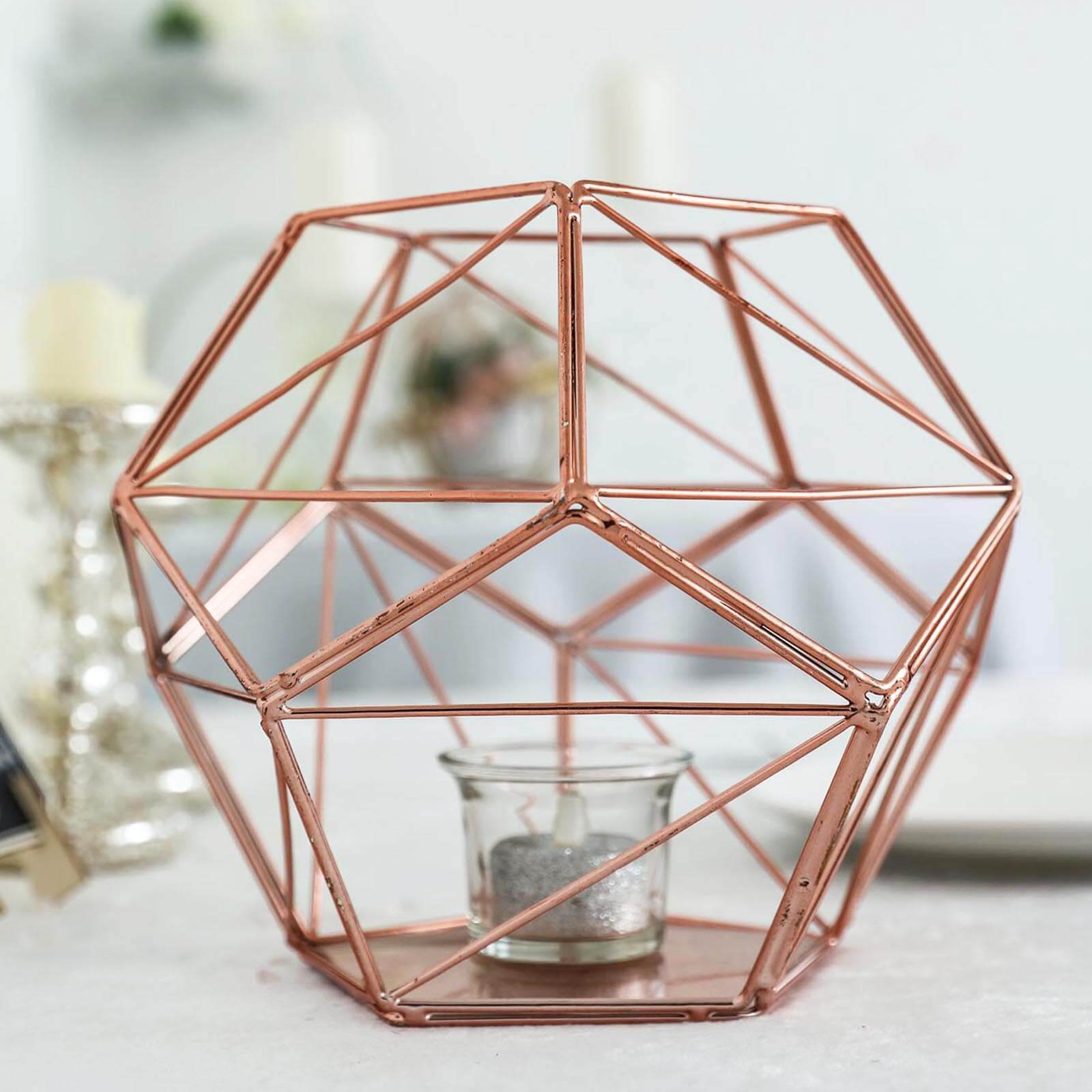 Stunning Rose Gold Metal Pentagon Prism Geometric Tealight Candle Holder - Ideal for Decor