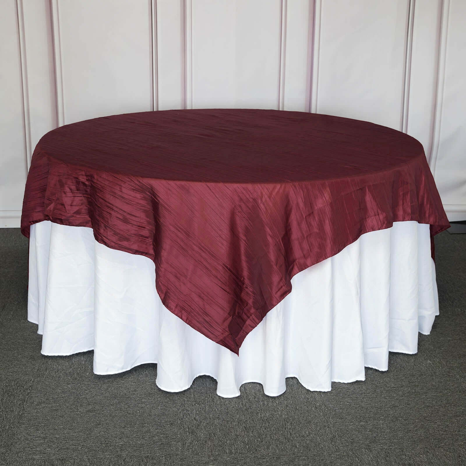 Burgundy 90x90 Square Crinkle Taffeta Accordion Table Overlay Tablecloth
