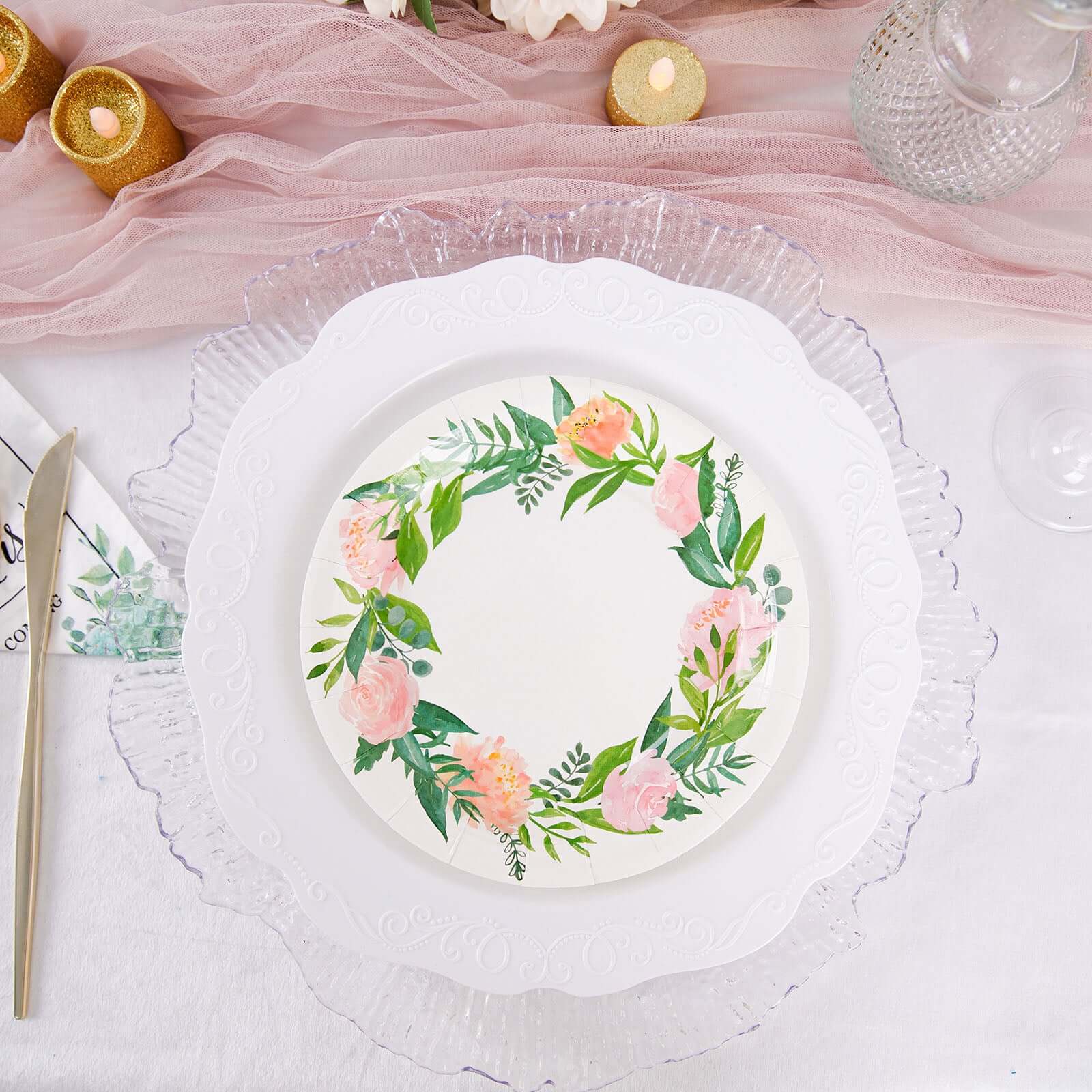 Hot Deal! 25-Pack 7" White Disposable Dessert Plates with Rose/Peony Wreath for Special Events
