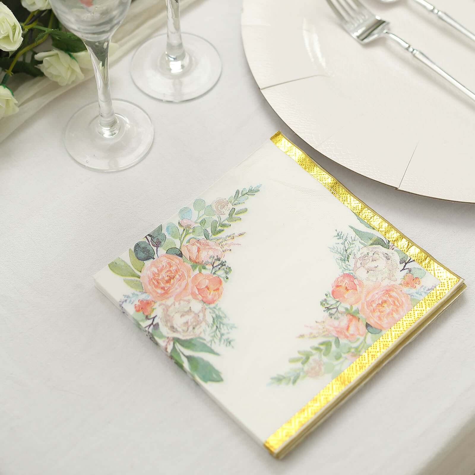 20-Pack 18GSM 2-Ply Wedding Paper Cocktail Napkins with Pink Peony Floral & Gold Trim