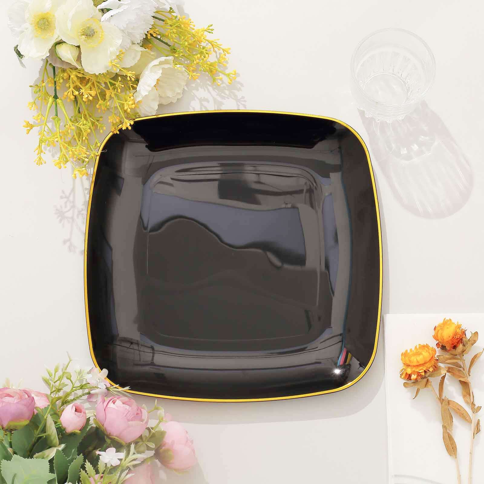 10-Pack Classy Disposable Black Plastic Dinner Plates with Gold Rim, 10 Square