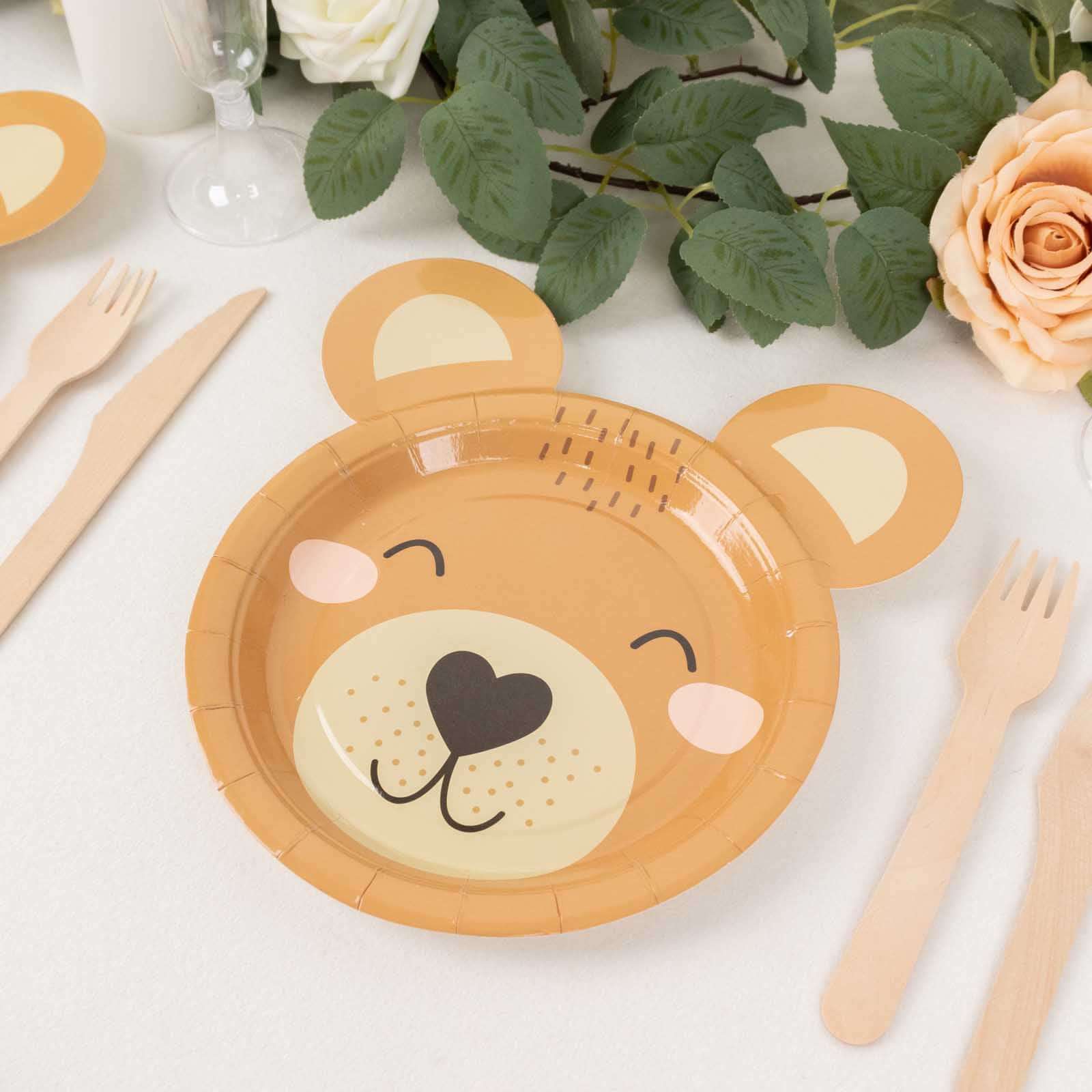 25-Pack Disposable 300GSM Brown Round Paper Plates with Cute Teddy Bear Print for Party