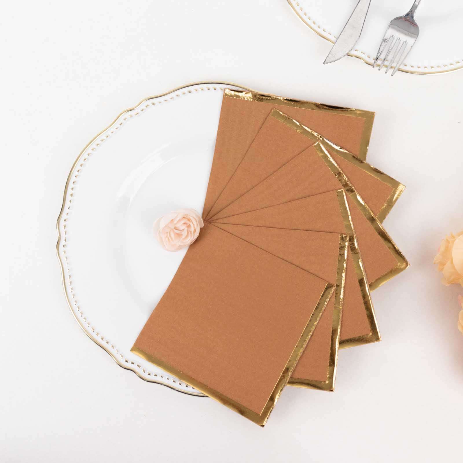50-Piece 2-Ply Disposable Soft 18GSM Terracotta (Rust) Cocktail Napkins with Gold Foil Edge 5x5