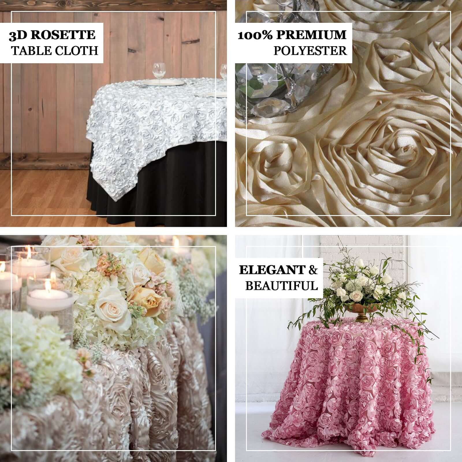 Beige 72x72 Satin Square Table Overlay with 3D Rosette Design