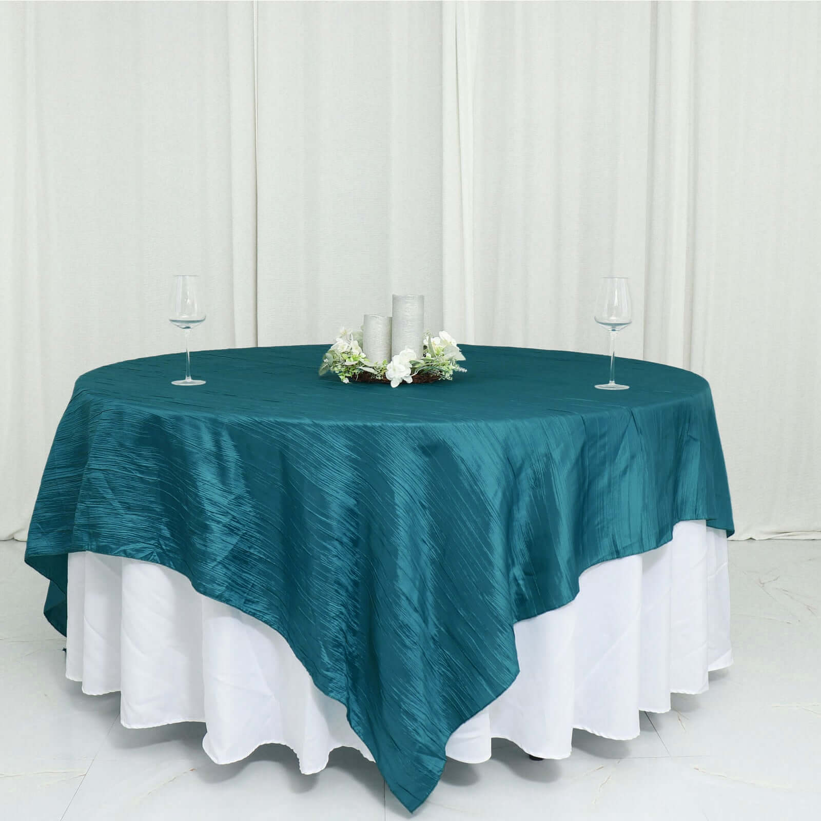 Exclusive Peacock Teal 90x90 Crinkle Taffeta Square Table Overlay