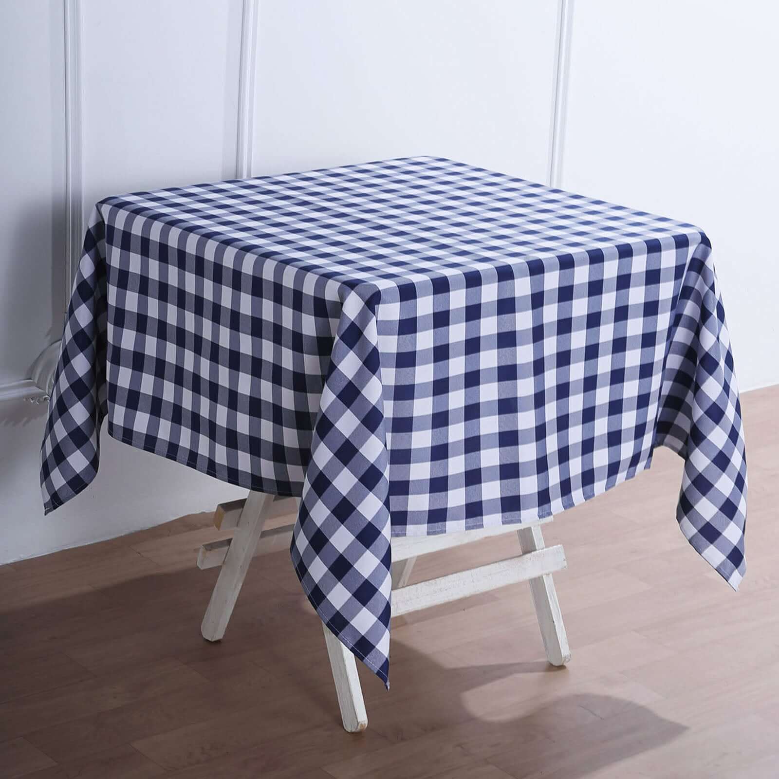 Hot! White/Navy Blue Checkered Buffalo Plaid Polyester 54x54 Square Tablecloth for Casual Tables