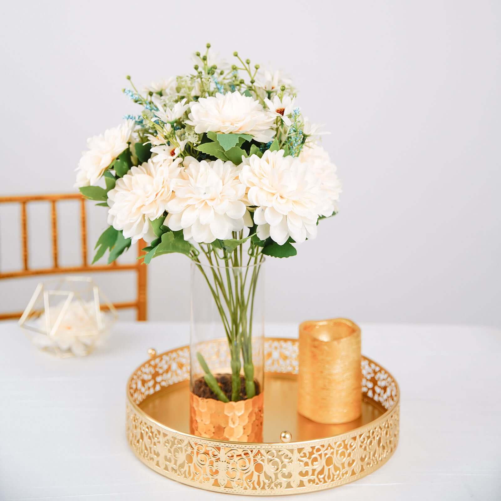 Hot Sale! 2 Bushes Artificial Silk Ivory and Blue Dahlia Flower Bouquet Spray for Decor