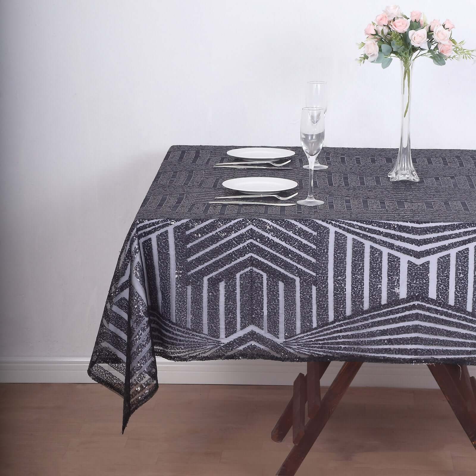 Black Diamond Glitz Sequin 72 Square Table Overlay Tablecloth
