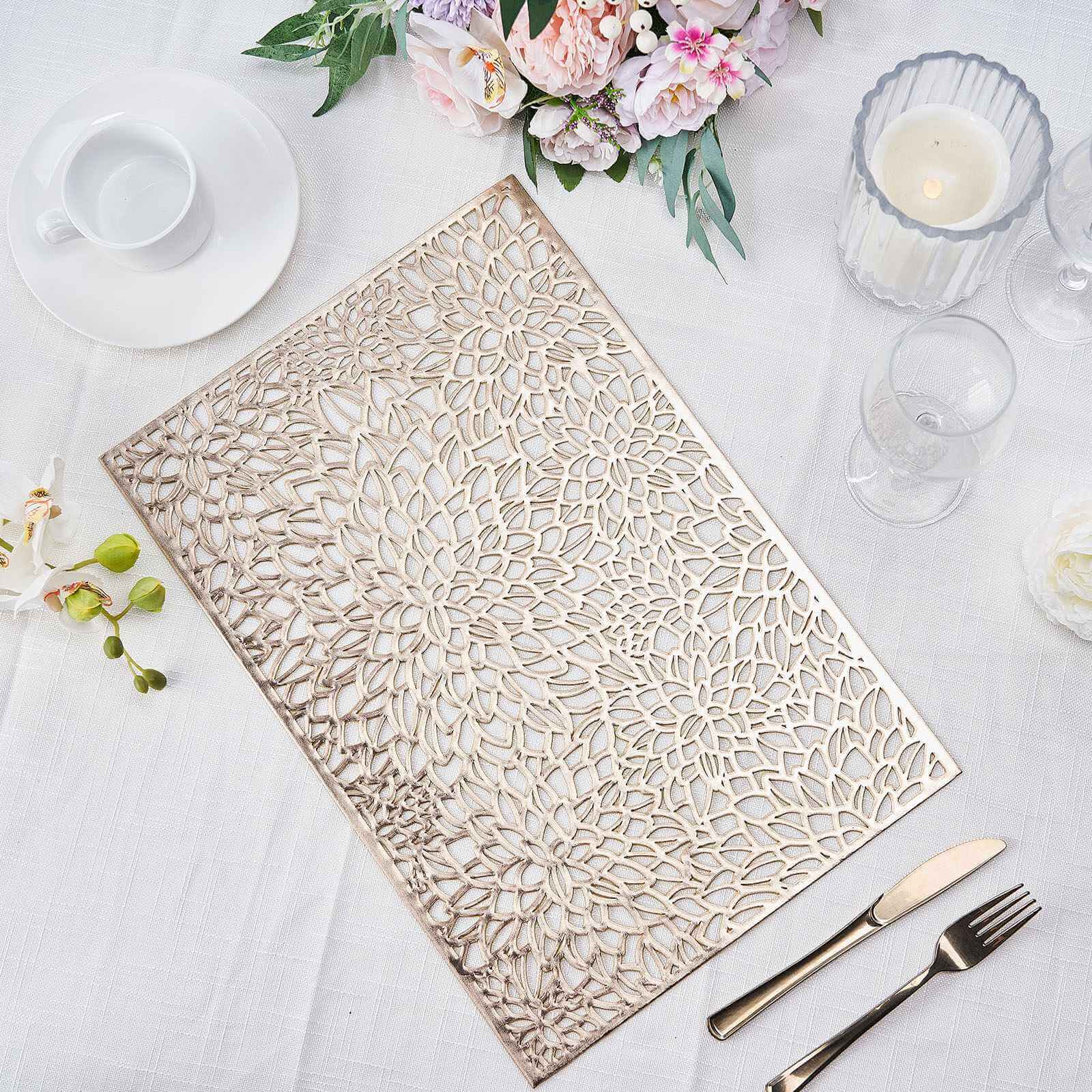 6-Pack Gold Metallic Floral Vinyl Placemats - Non-Slip 12x18 Rectangle Table Mats
