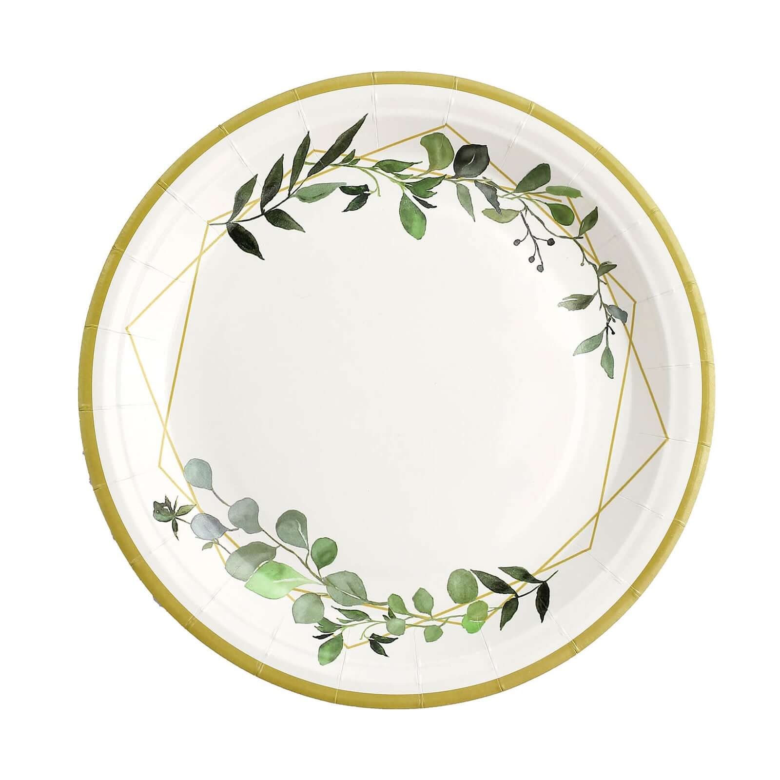 24-Pack 9-Inch White Disposable Paper Dinner Plates with Eucalyptus & Gold Rim