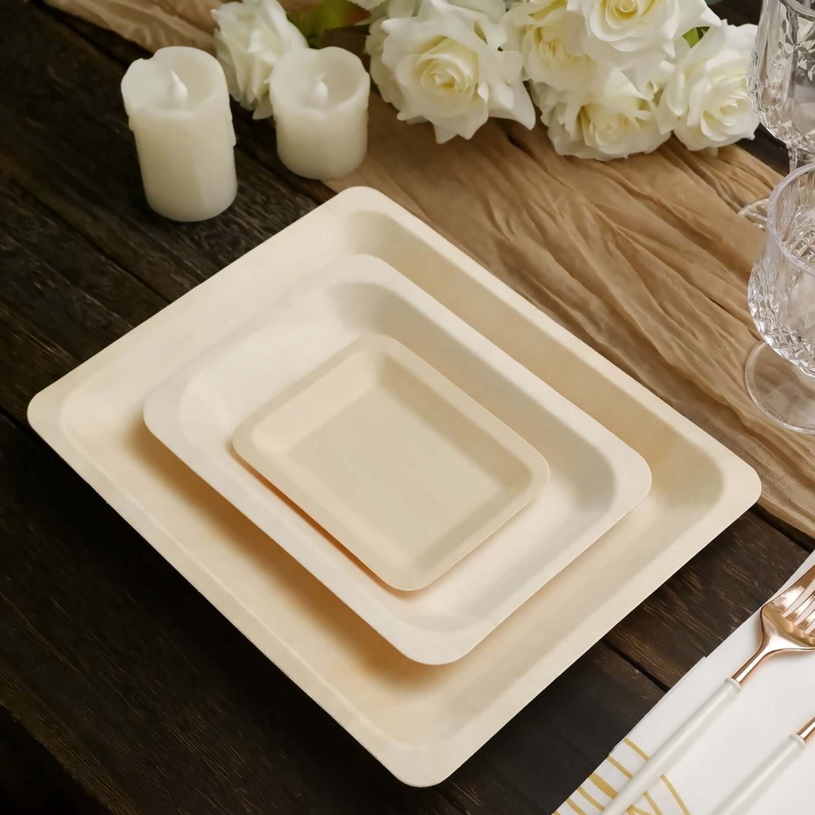 12-Pack Natural Birchwood 8x10 Rectangle Disposable Dinner Plates - Ideal for Farmhouse Events