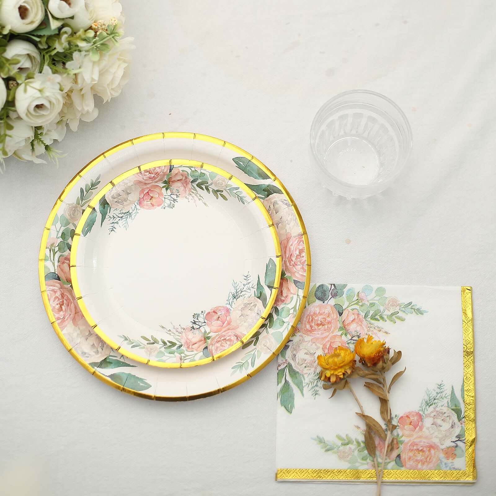 20-Pack 18GSM 2-Ply Wedding Paper Cocktail Napkins with Pink Peony Floral & Gold Trim