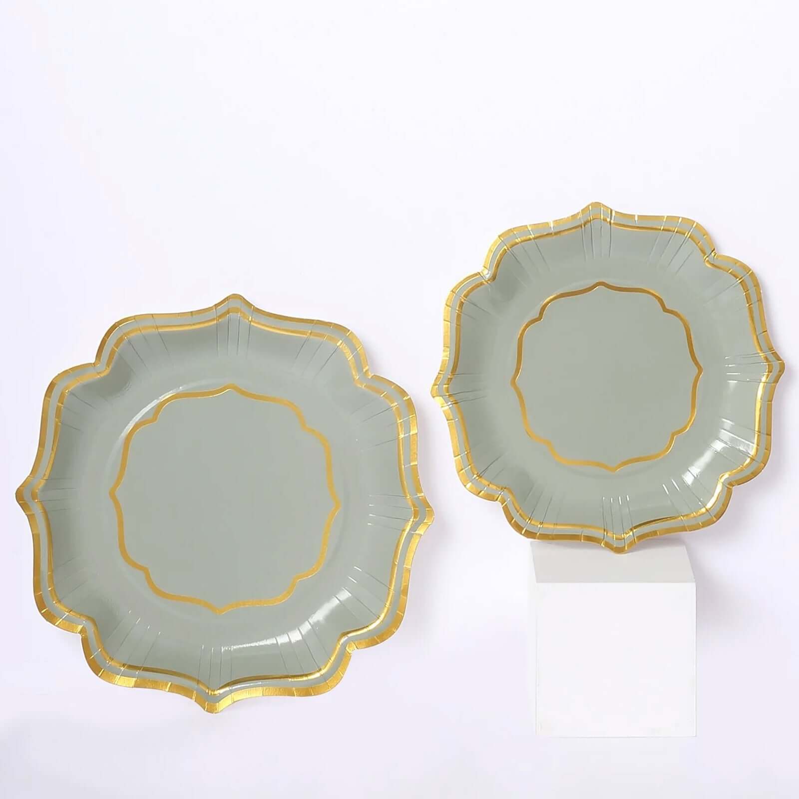 25-Piece Disposable 300GSM Sage Green Paper Dessert Plates with Gold Scalloped Edge, 8 Inches