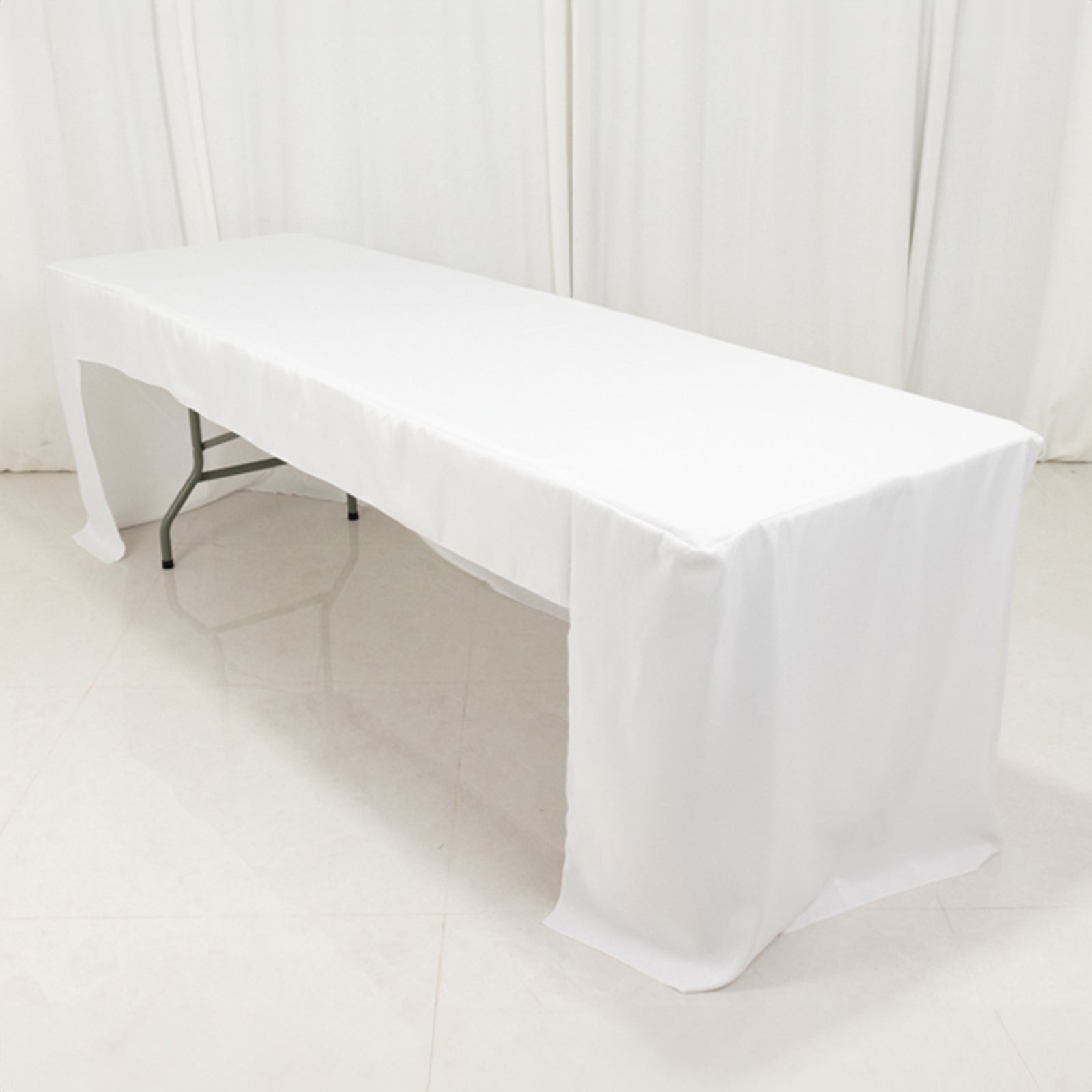 Wrinkle-Resistant White Fitted Polyester Tablecloth for 8ft Rectangles - Open Back Design