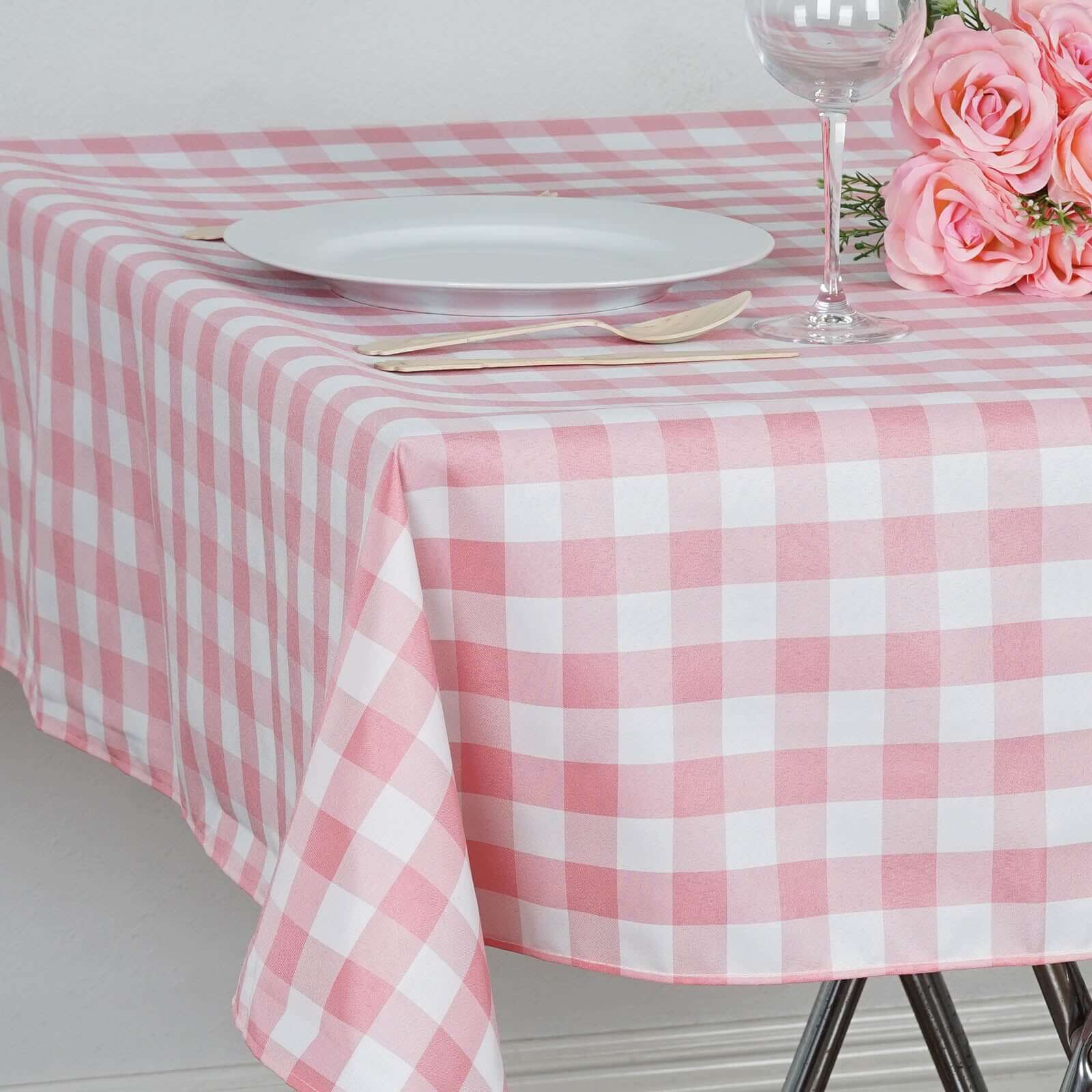Hot! White/Rose Quartz Polyester 54x54 Checkered Buffalo Plaid Square Table Overlay for Casual Tables