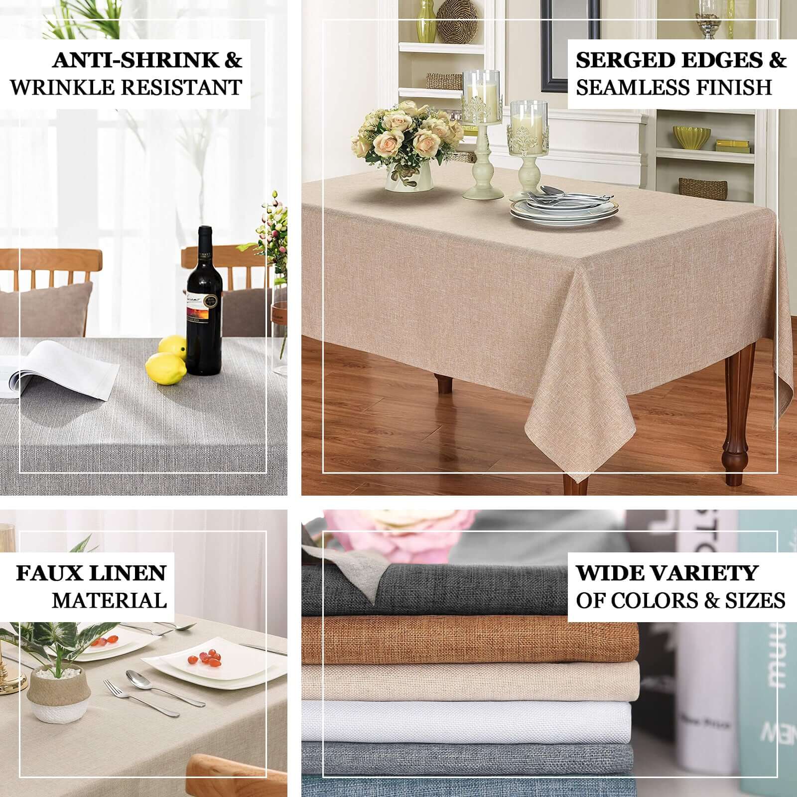 Beige Faux Linen Rectangular Tablecloth - Wrinkle Resistant & Slubby Texture
