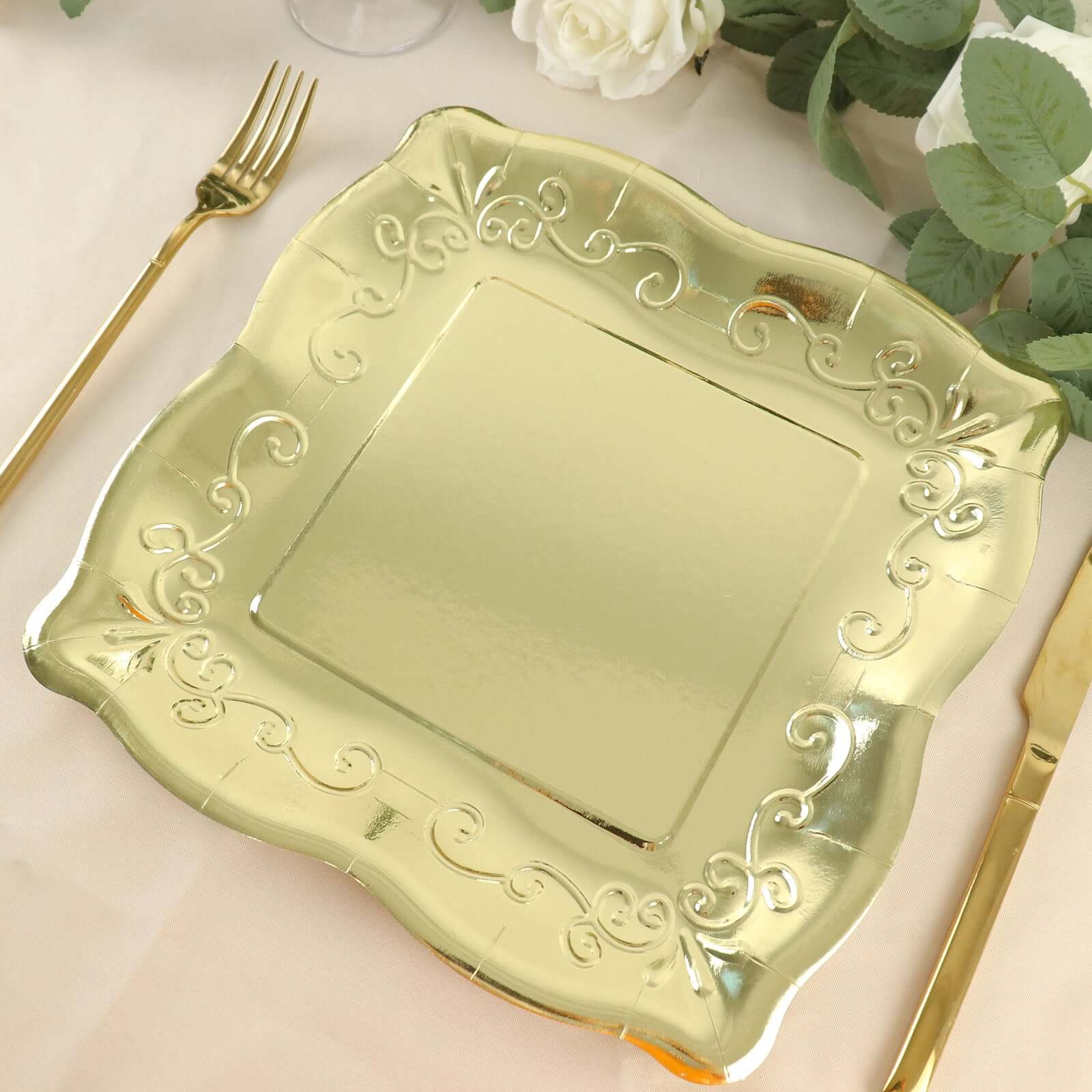25-Pack Disposable Gold Square Dinner Plates with Vintage Pottery Embossed Design for Glamorous Events